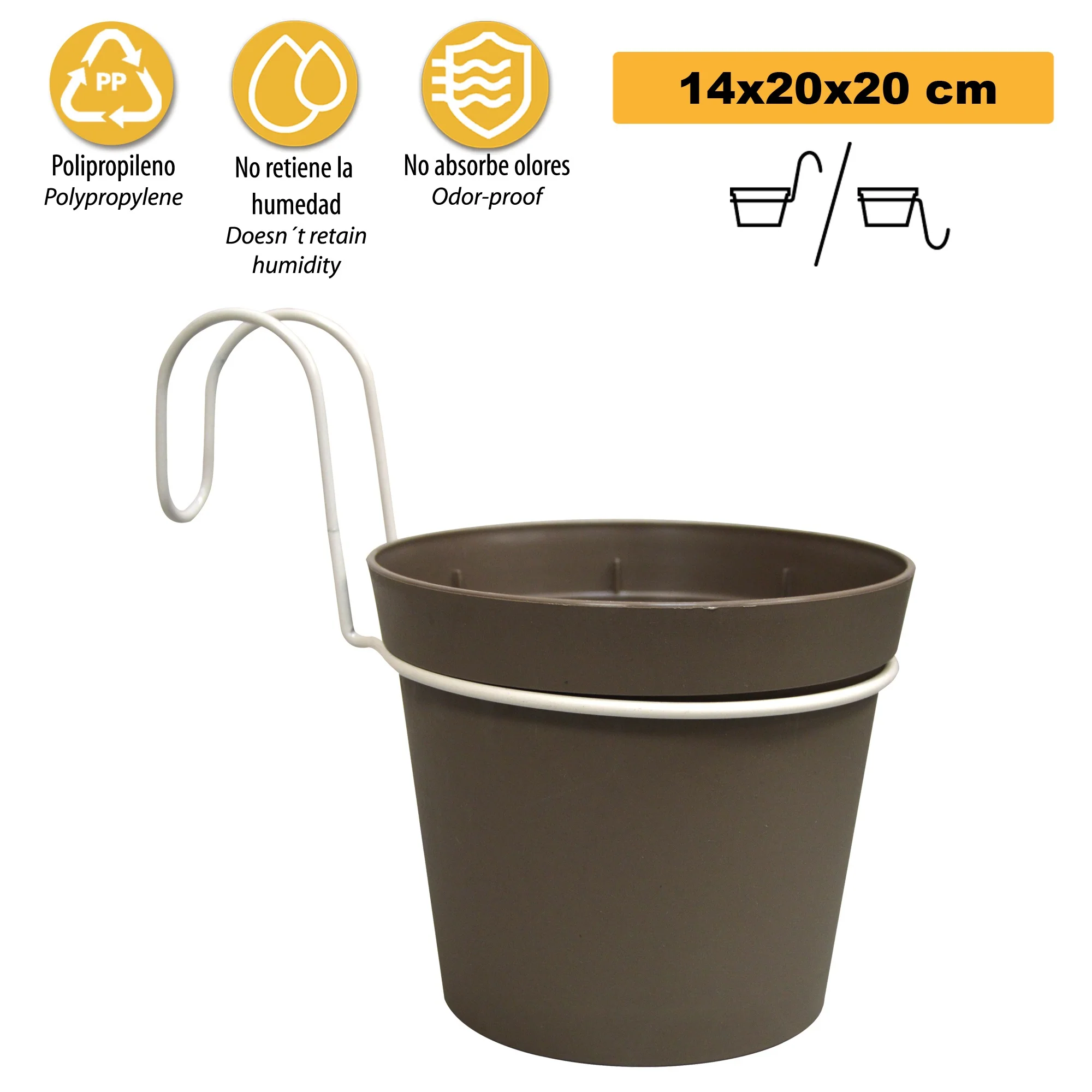 4 Macetas Cilíndricas Ø 14 Cm Con Ganchos, En Polipropileno Gris - Image 3