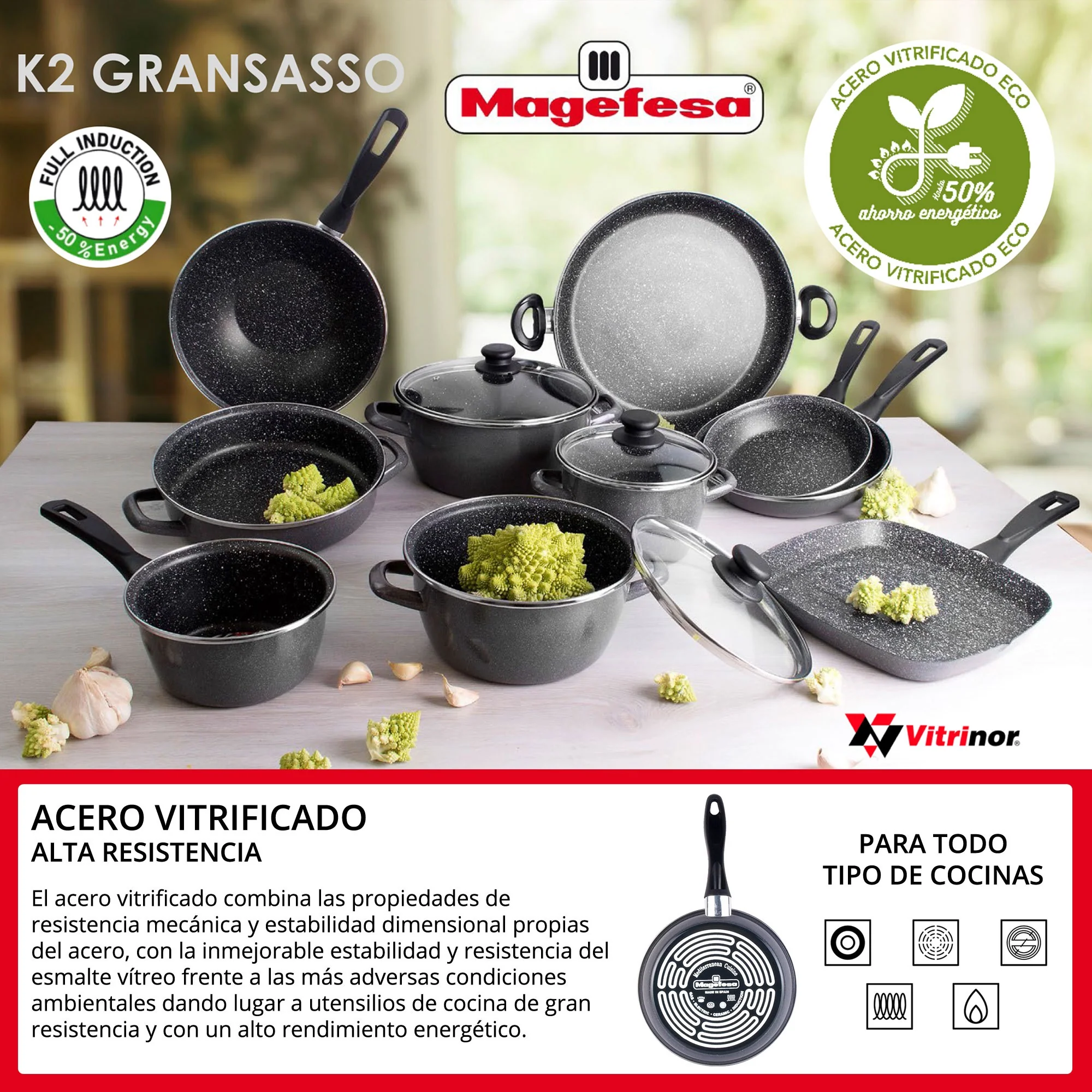 Bateria De Cocina 8 Piezas San Ignacio Dina De Acero Inoxidable Con Juego De Sartenes (18/20/24 Cm) Magefesa K2 Gransasso En Acero Esmaltado - Image 5