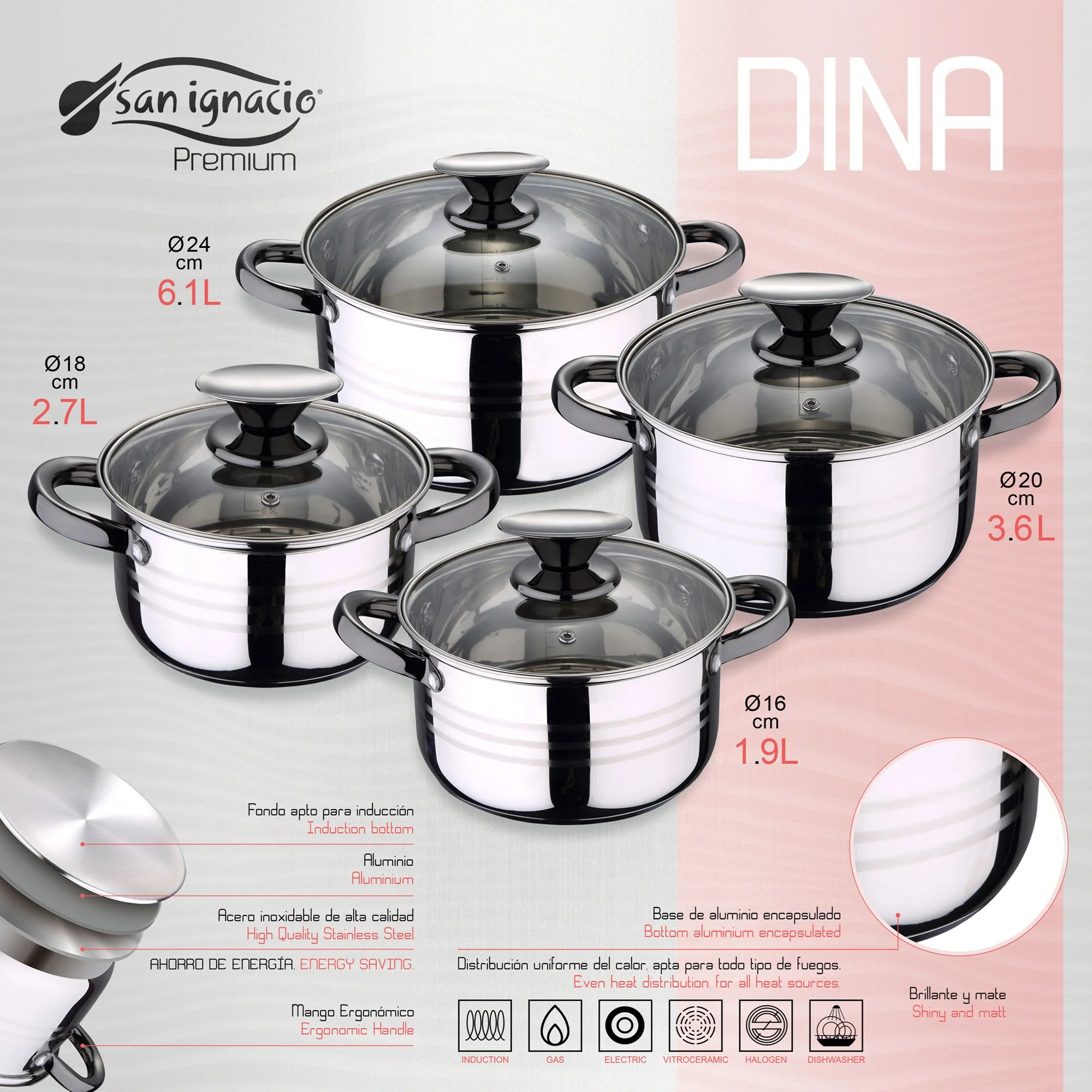 Bateria De Cocina 8 Piezas San Ignacio Dina De Acero Inoxidable Con Juego De Sartenes (22/24/26 Cm) San Ignacio Daimiel En Aluminio Forjado - Image 3