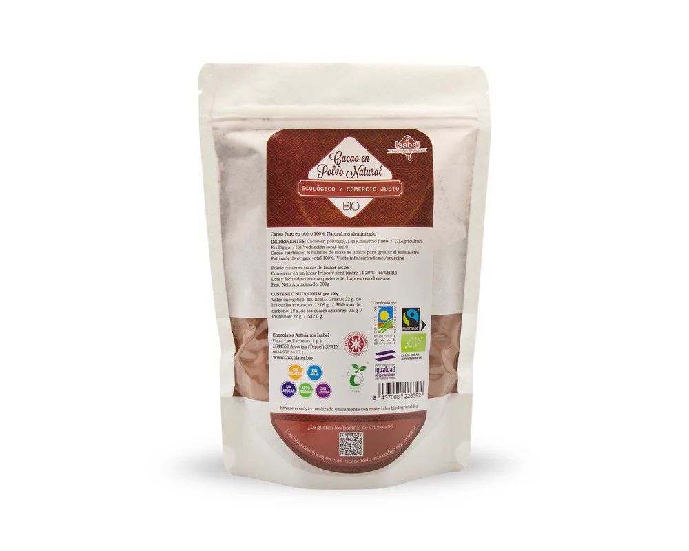 Cacao Bio en polvo puro, natural, sin alcalinizar, ecológico y comercio justo, sin azúcar