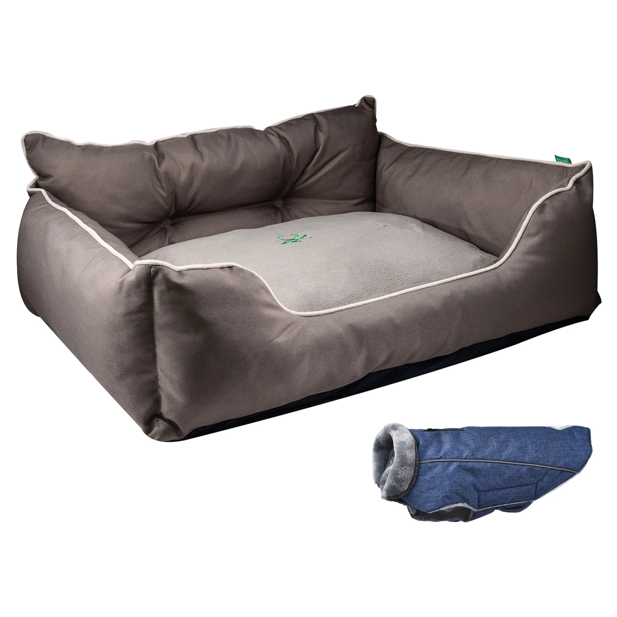 Cama Para Mascota 90x70x28cm Marrón + Abrigo Azul Para Mascotas 40cm