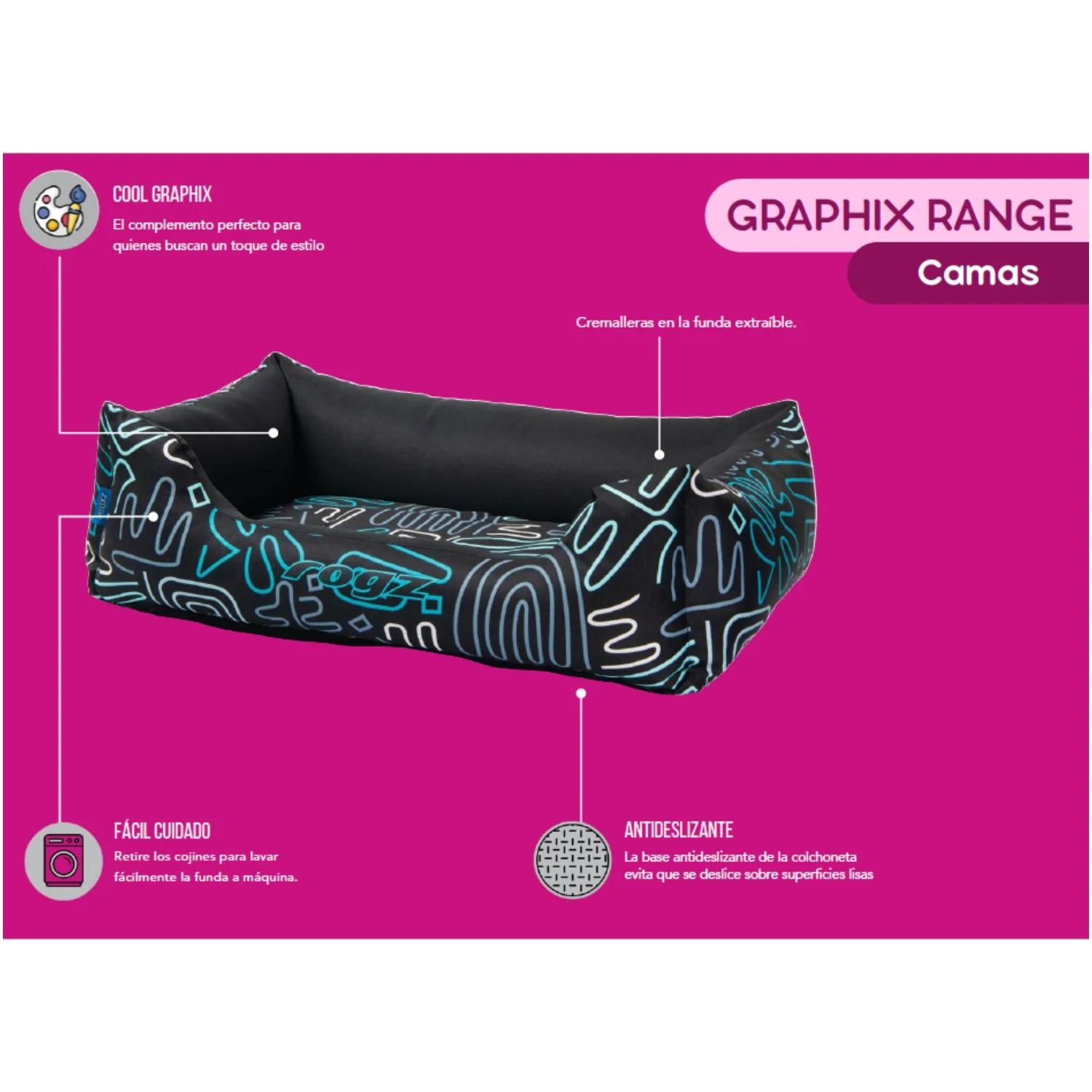 Cama Para Perro Rogz Graphix 76x51x26cm Estampado Arcos Talla M (12-22kg) - Image 2