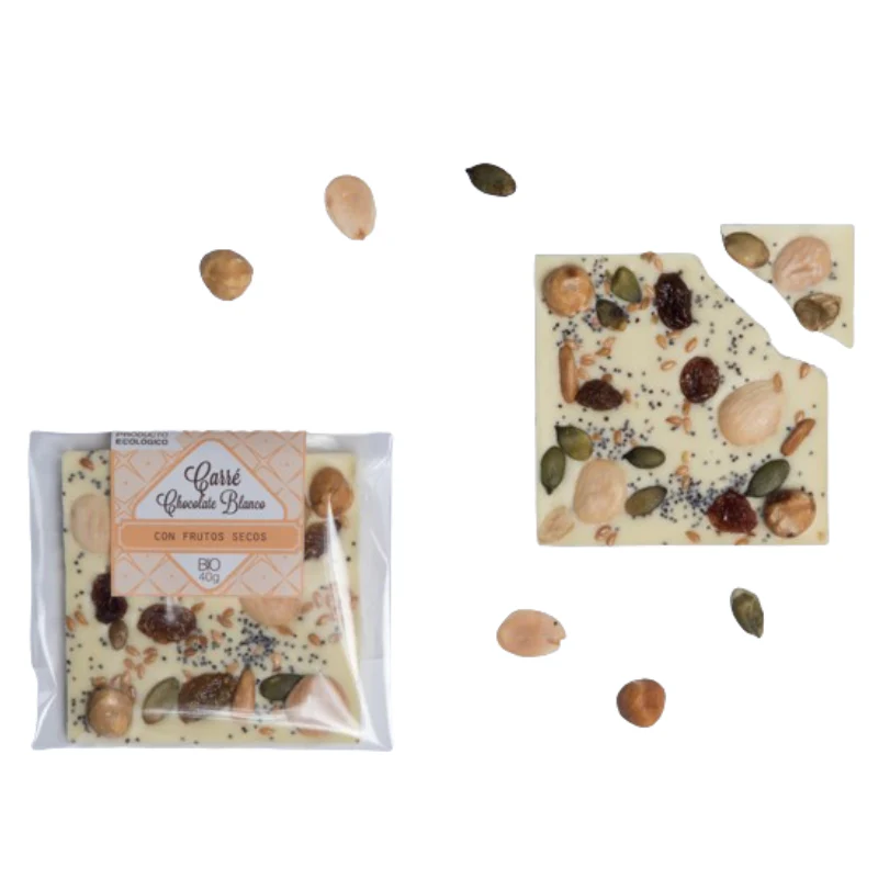 Carré Bio de chocolate blanco 35% cacao, con frutos secos y semillas