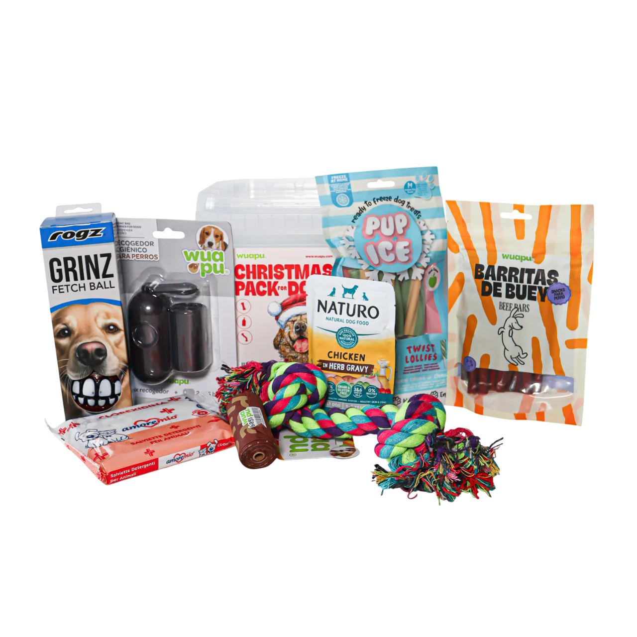 Christmas Pack Para Perro De Wuapu Con Snacks, Juguetes Y Alimento Húmedo