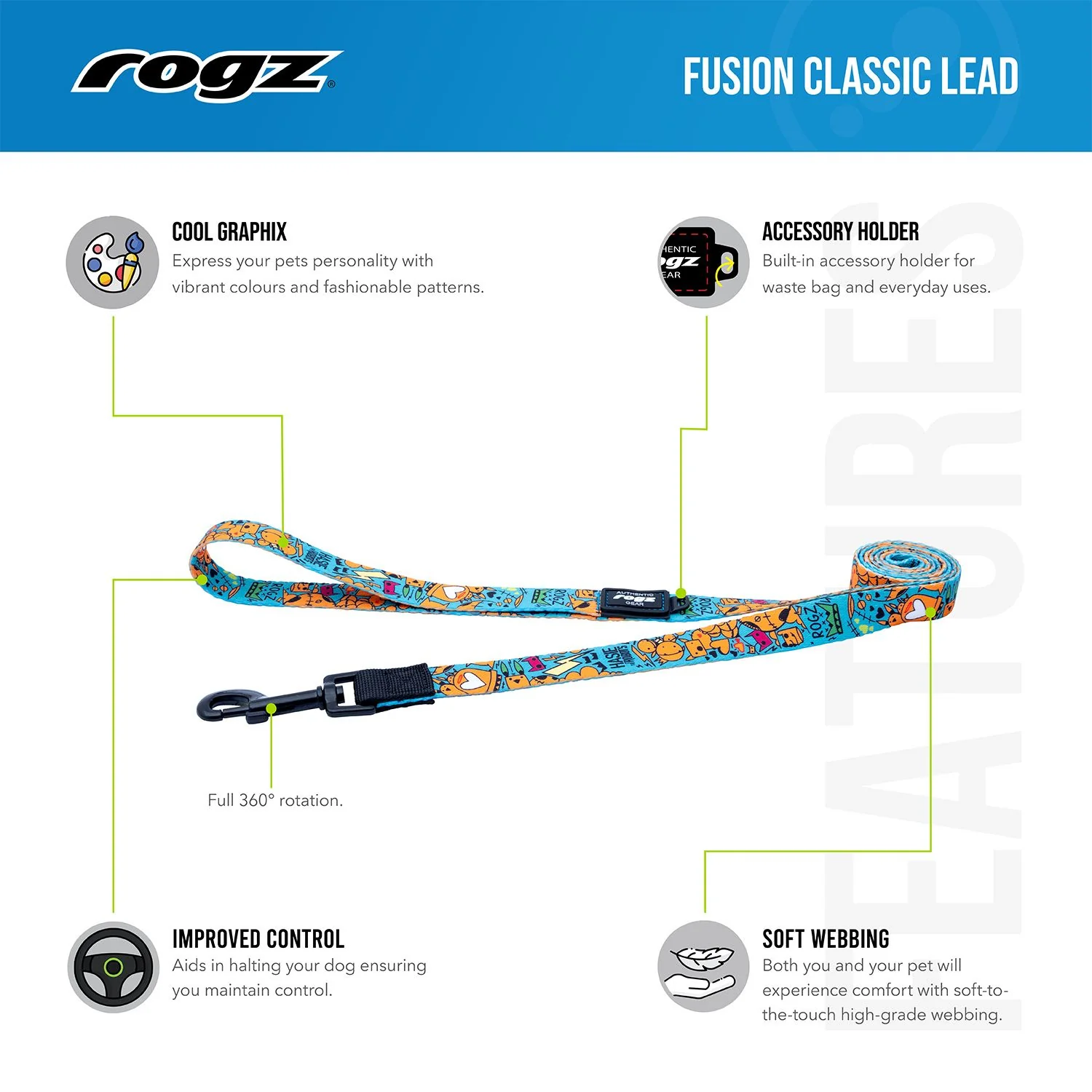 Correa Para Perro, Modelo Fusion De Rogz, Estampado Comic Azul. Talla M (12-22kg) - Image 5
