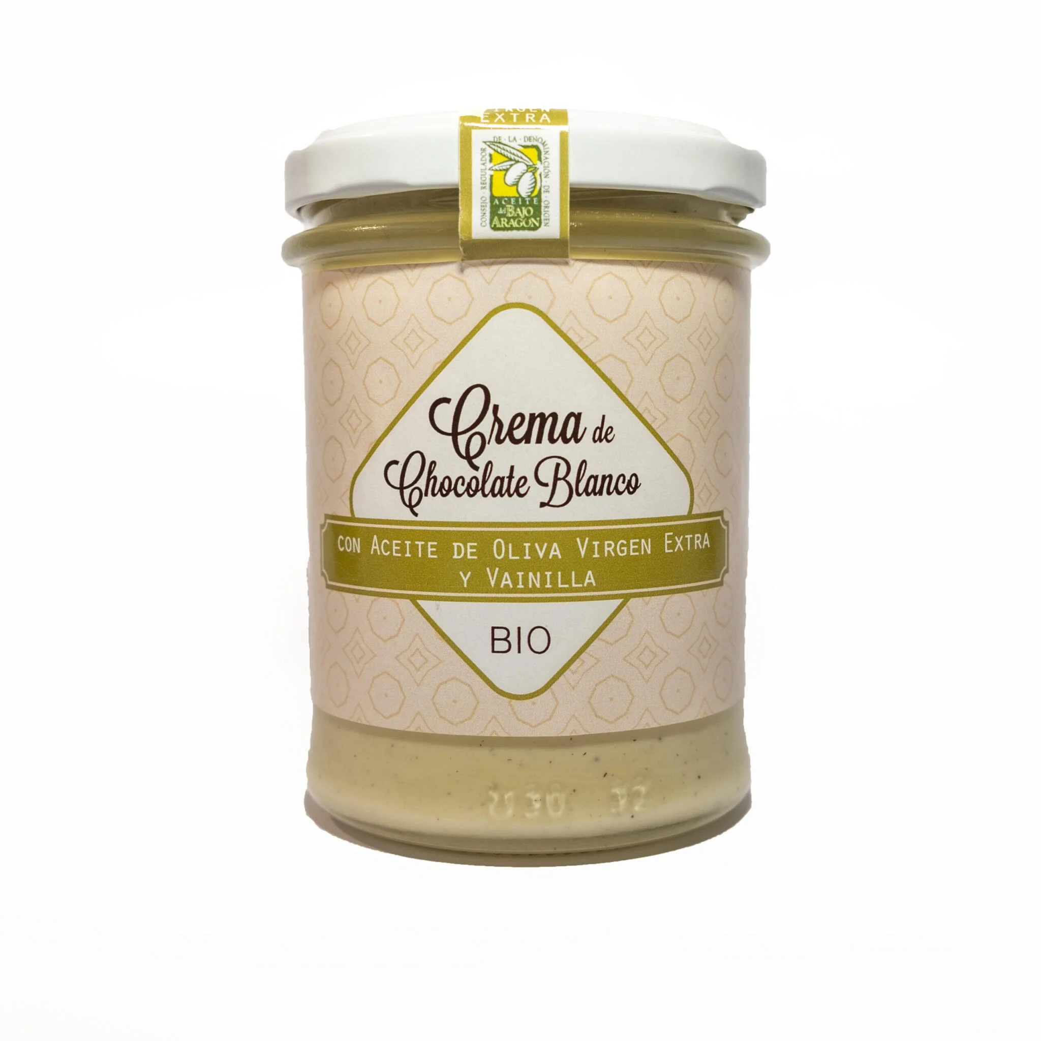 Crema Bio de chocolate blanco para untar. Con A.o.v.e variedad empeltre y vainilla
