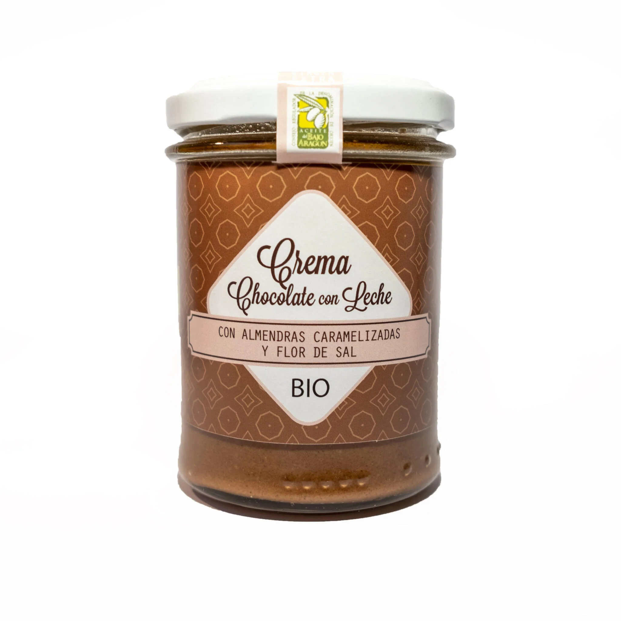 Crema Bio de chocolate con leche, almendras caramelizadas y flor de sal, 200 G. con aceite de oliva virgen extra.