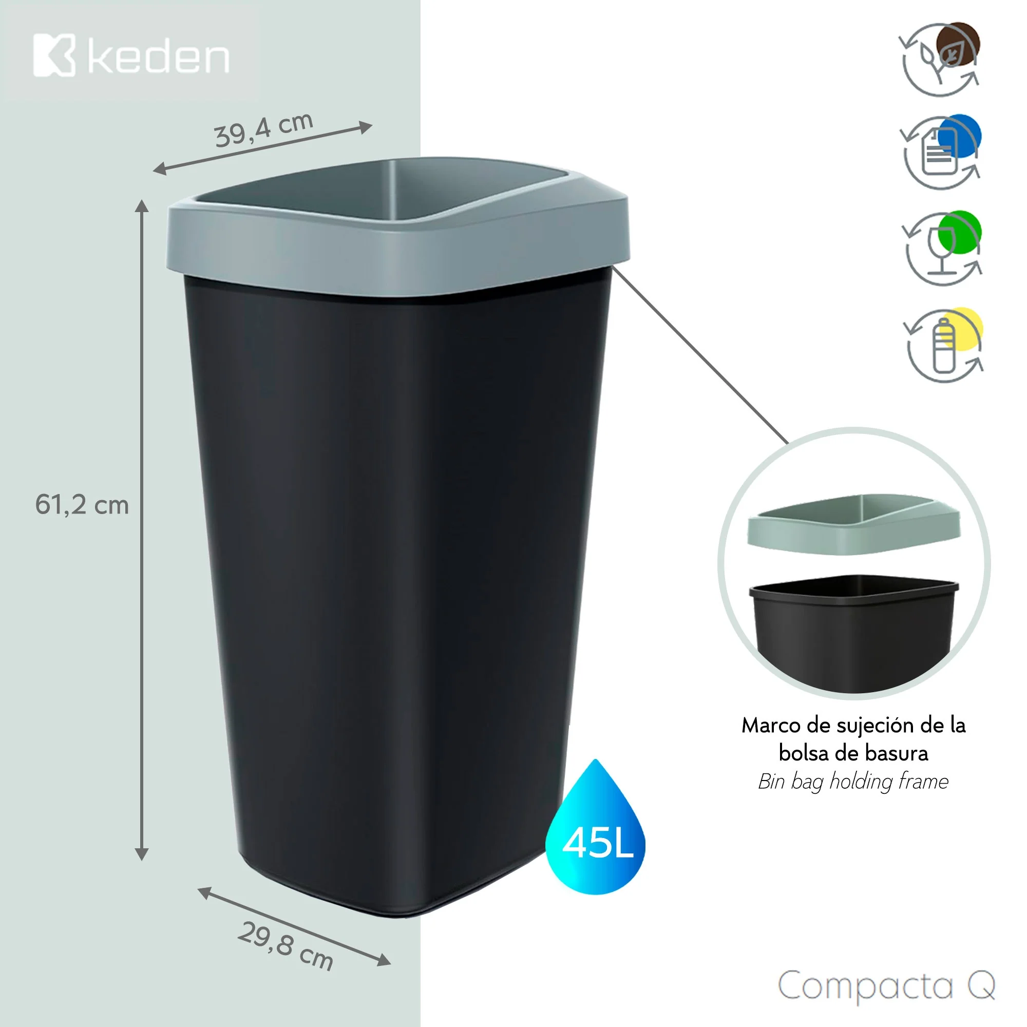 Cubo De Reciclaje 45l Keden En Plástico Con Práctica Tapa Abierta Color Azul. - Image 2
