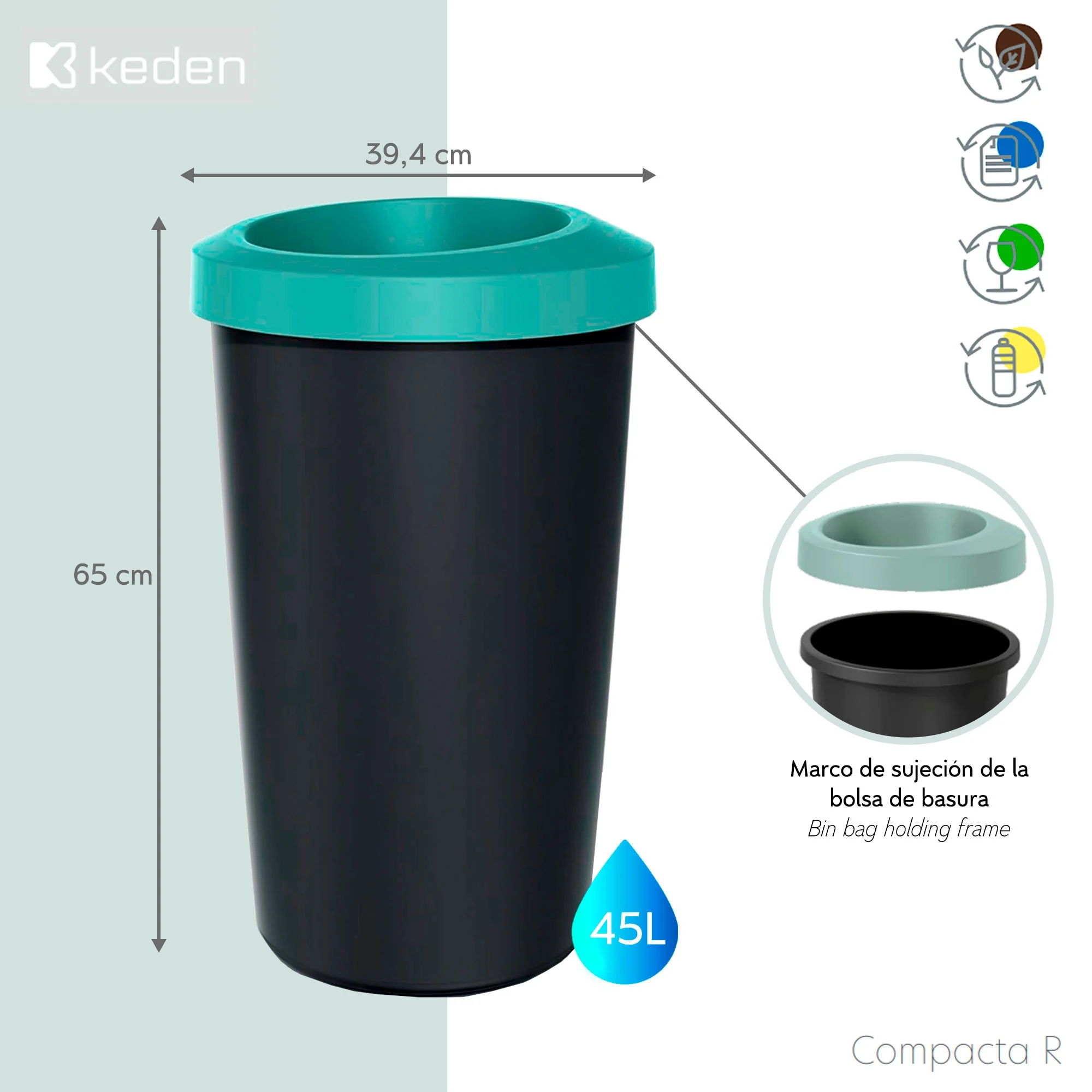 Cubo De Reciclaje 45l Keden En Plástico Con Práctica Tapa Abierta Color Gris. - Image 2