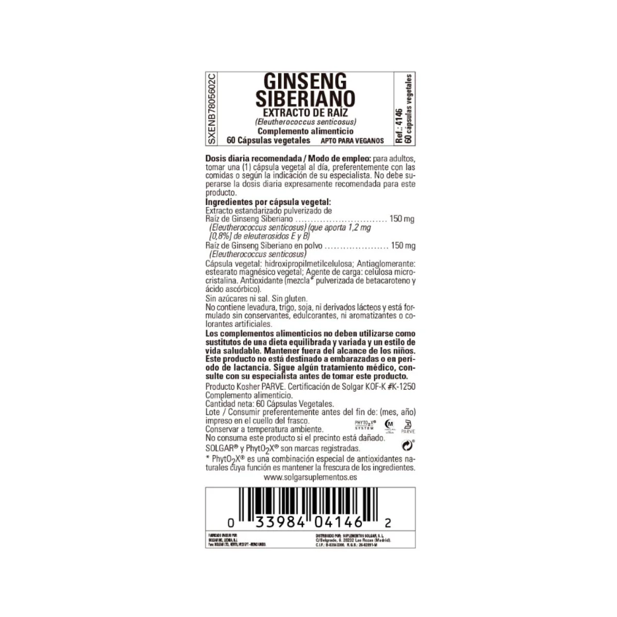 Ginseng Siberiano Extracto de Raíz, 60 cápsulas vegetales (520mg) - Image 2