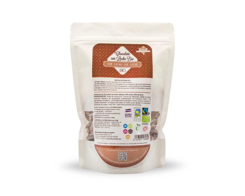 Gotas De Cobertura Bio De Chocolate De Leche, 39% Cacao, 25% Leche. Fairtrade.
