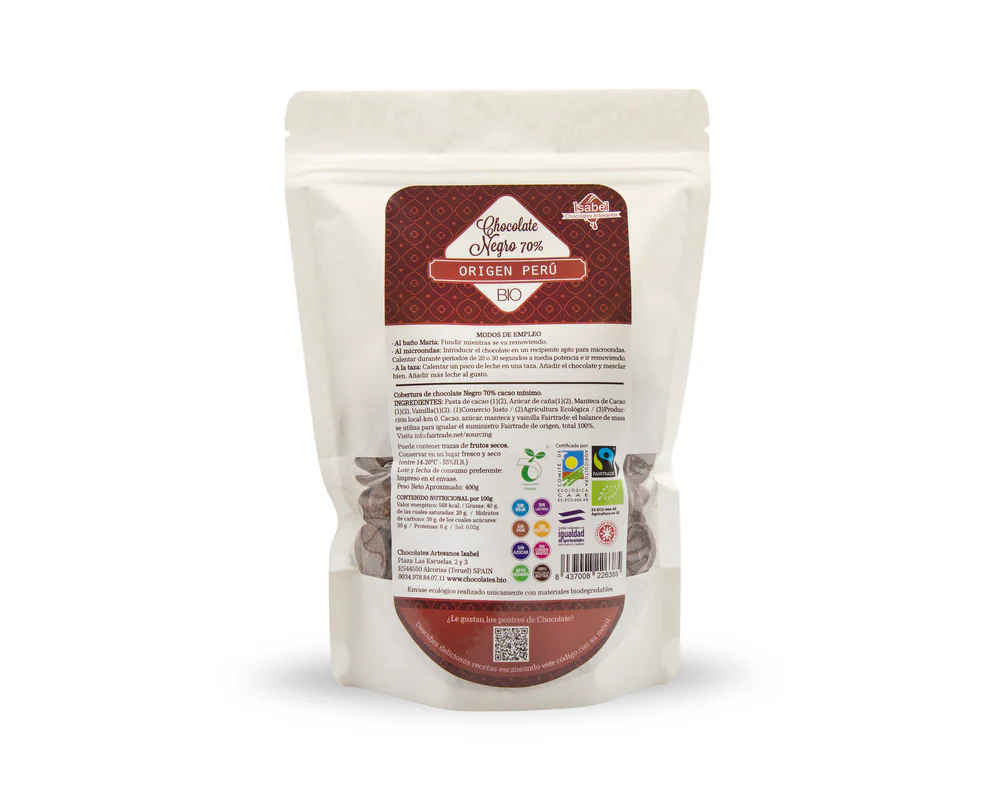 Gotas de cobertura Bio de chocolate negro 70% cacao Fairtrade