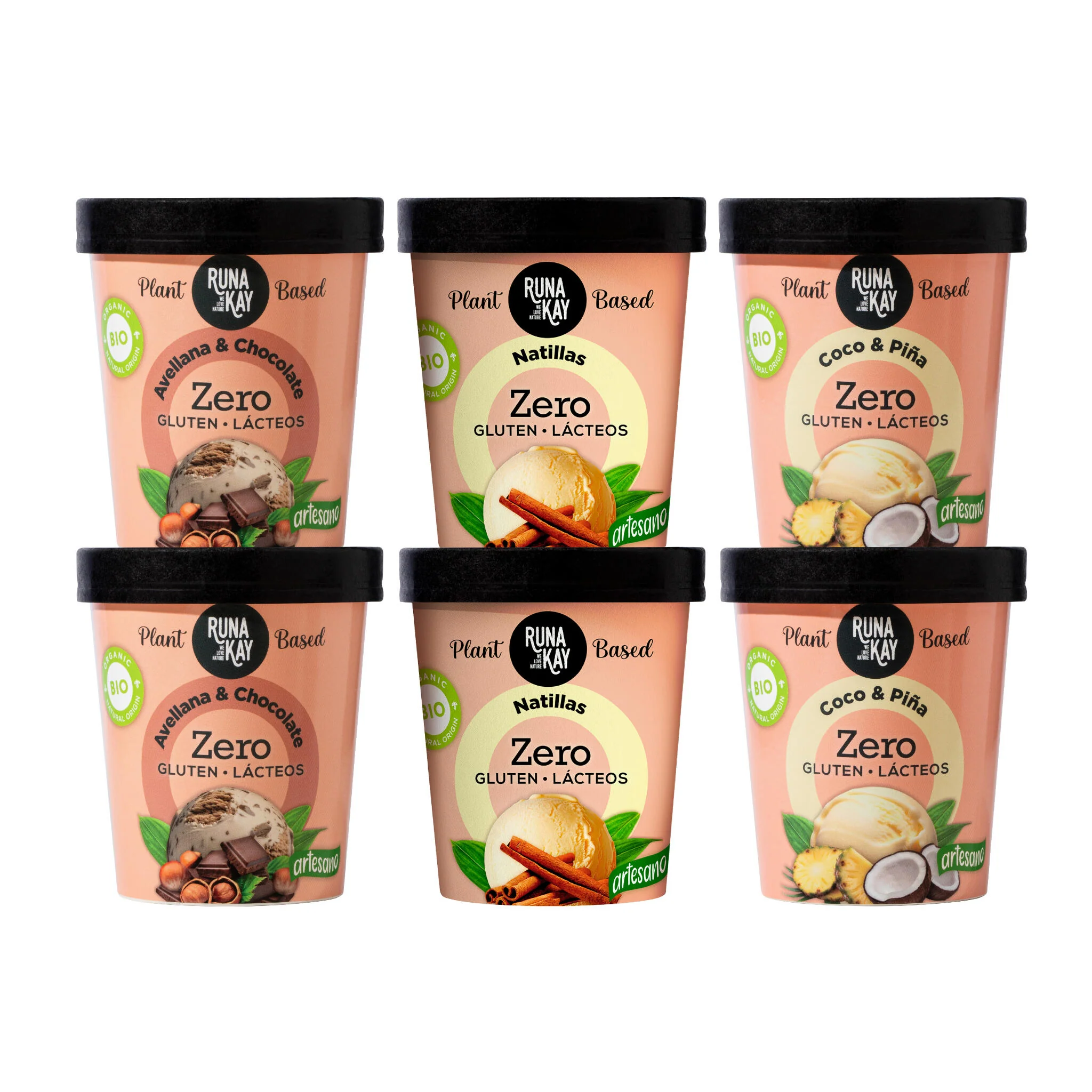Helado Artesano Eco Sin Gluten Ni Lácteos Stracciatella de Chufa&Choco Avellana&Choco Natillas Runakay 6x460ml/400g