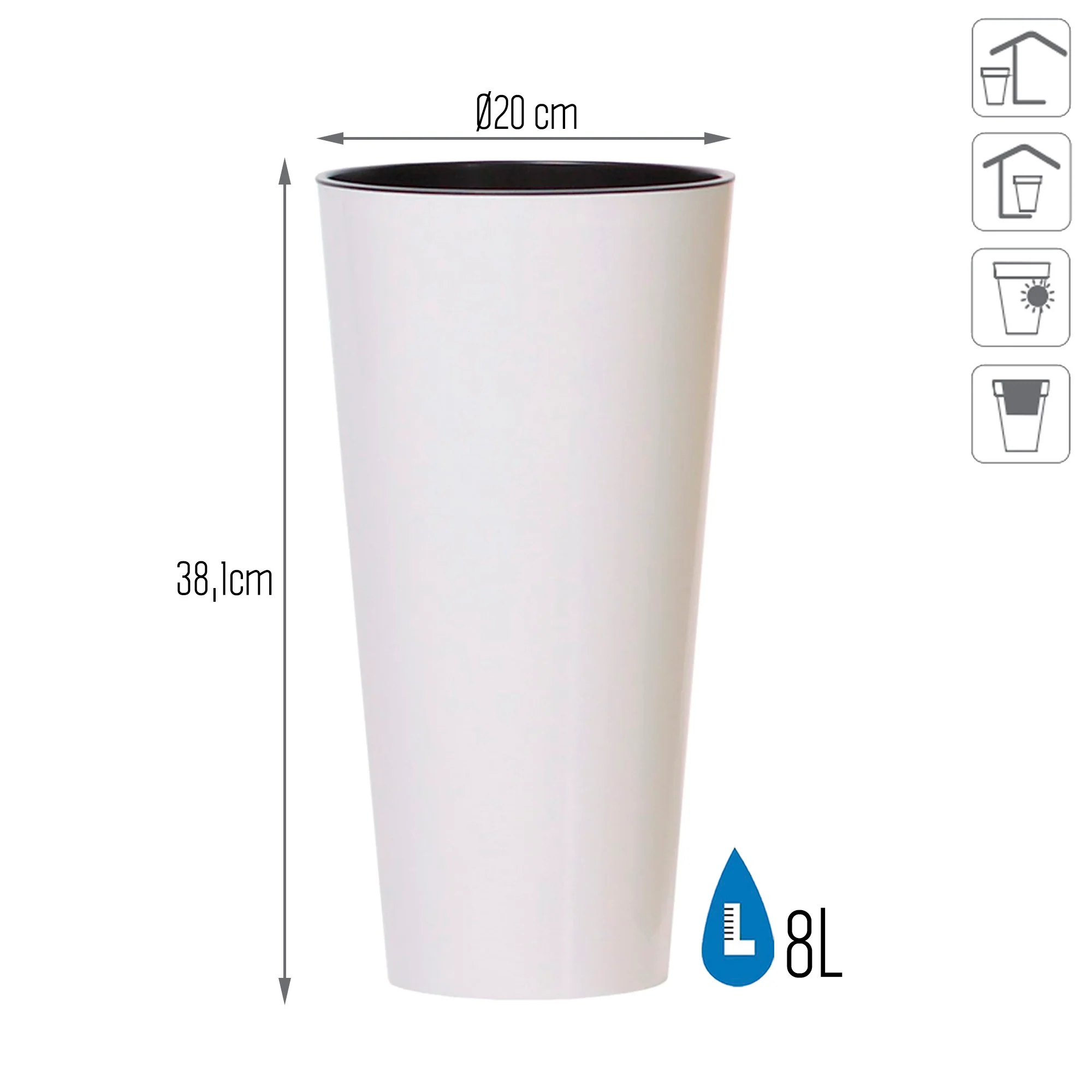 Maceta Brillo Tubus Slim 8l., Dimensiones (mm) 200x200x381, Color Blanco - Image 3