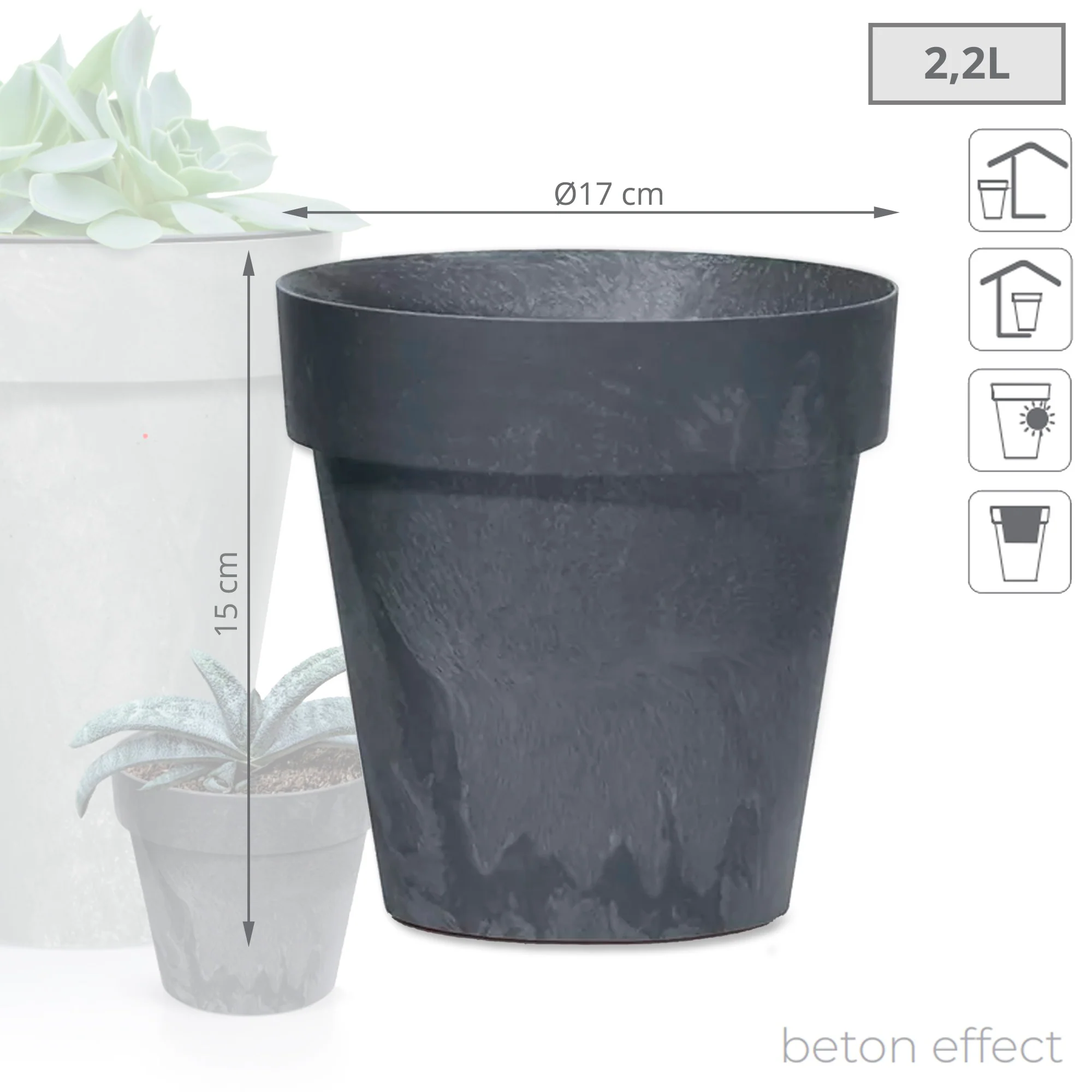 Maceta Cube Beton Effect 2,2l., Dimensiones (mm) 170x170x150, Color Antracita - Image 3