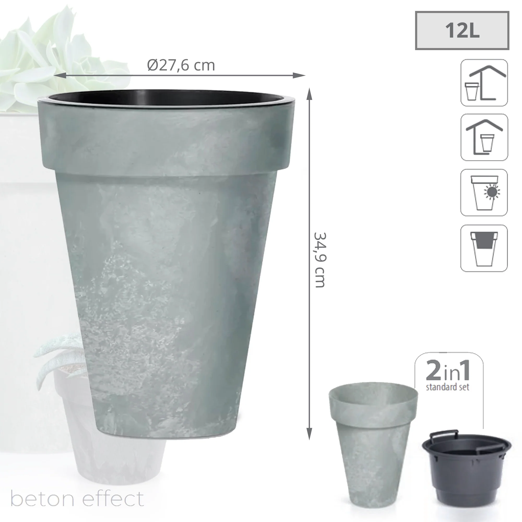 Maceta Cube Slim Beton Effect 12l., Con Depósito, Dimensiones (mm) 276x276x349, Color Hormigón - Image 3