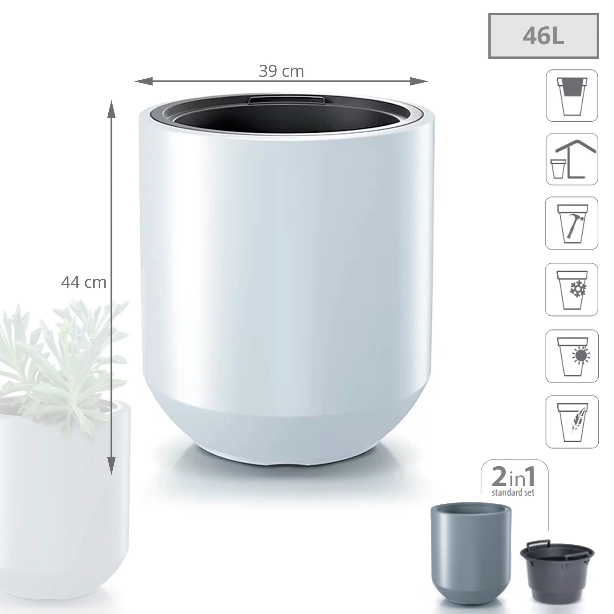 Maceta Heos 46l., Con Depósito, Dimensiones (mm) 390x390x440, Color Blanco - Image 3