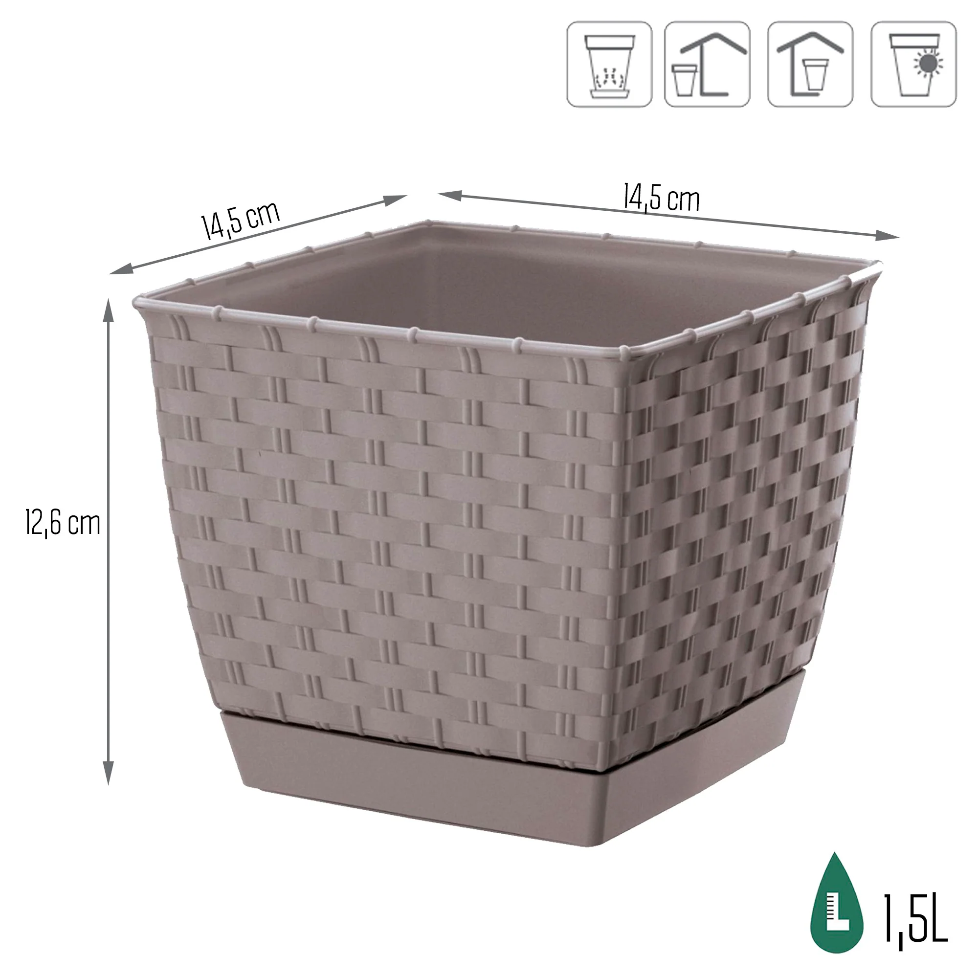 Maceta Ratolla Square 1,5l., Dimensiones (mm) 145x145x126, Color Mocca - Image 3