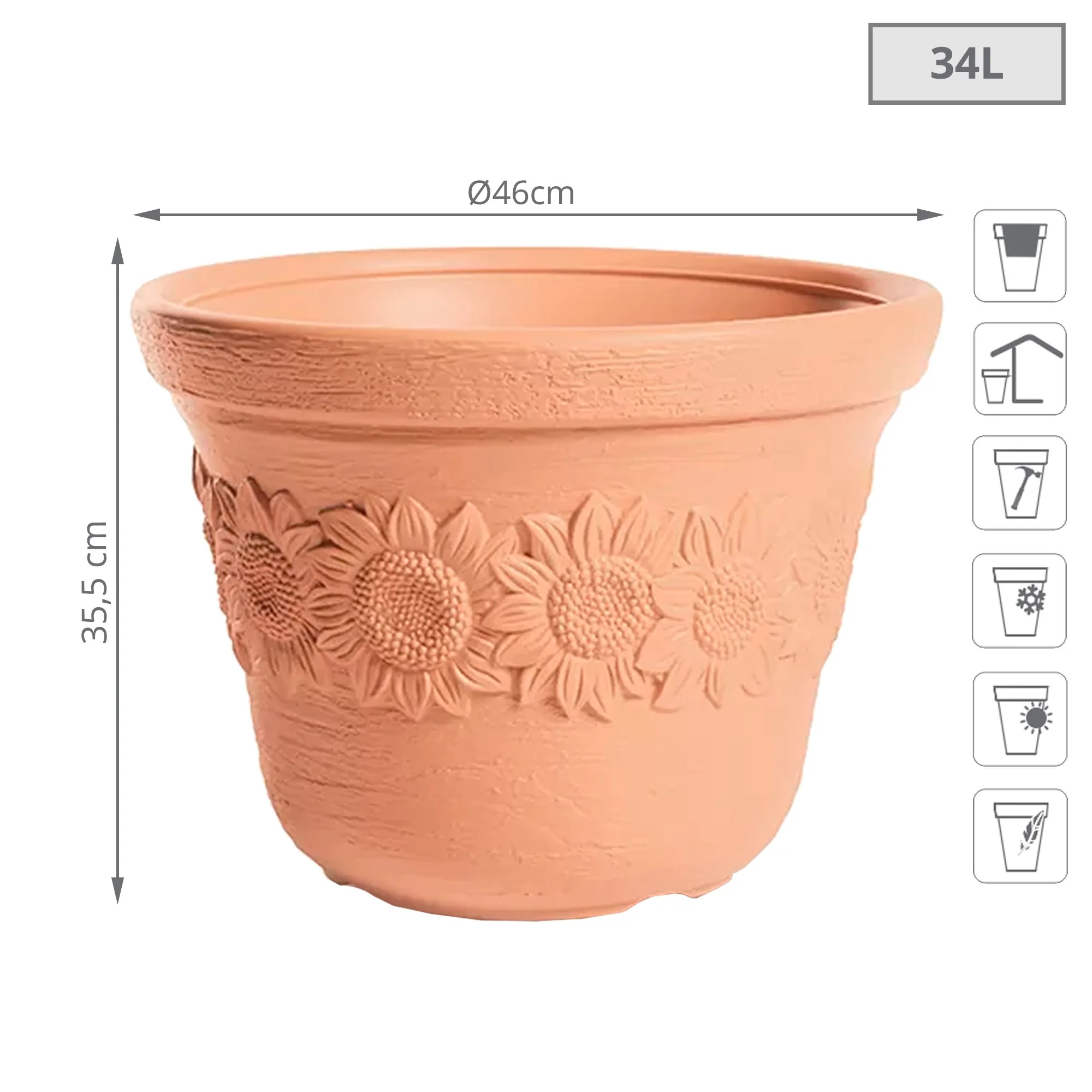 Maceta Sunny 34l., Dimensiones (mm) 460x460x353, Color Ladrillo - Image 2