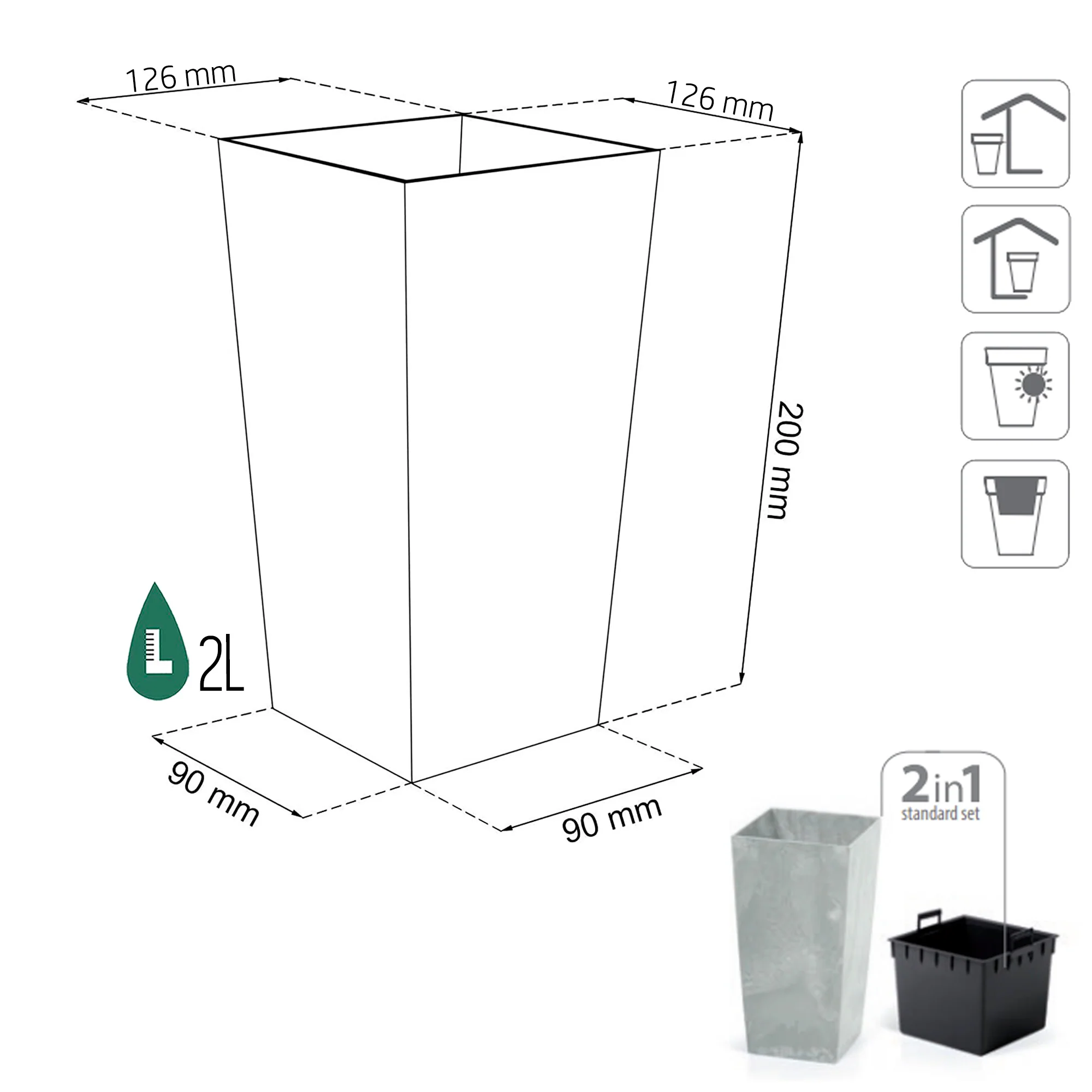 Maceta Urbi Square Beton Effect 2l., Dimensiones (mm) 126x126x200, Color Hormigón - Image 3