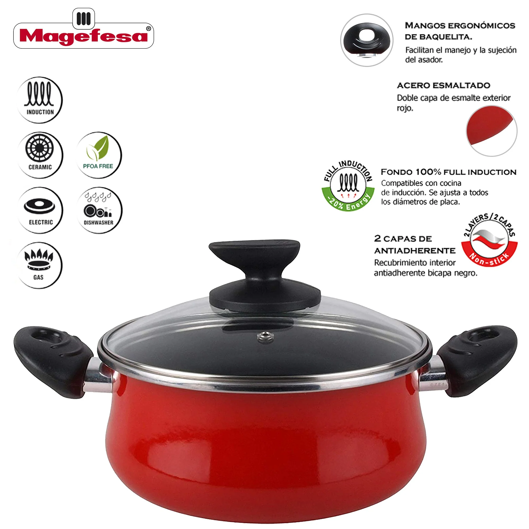 Magefesa Praga Olla 30 Con Tapa Vidrio, Acero Esmaltado Vitrificado, En Granate, Inducción Y Lavavajillas - Image 4