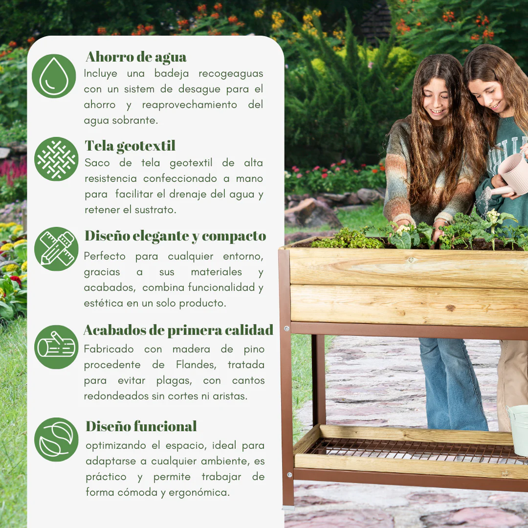Mi Huerto Urban Jardinera Elevada Madera Con Bandeja Recoge Aguas | Estructura Metálica | Marrón | 90x30x38cm - Image 2