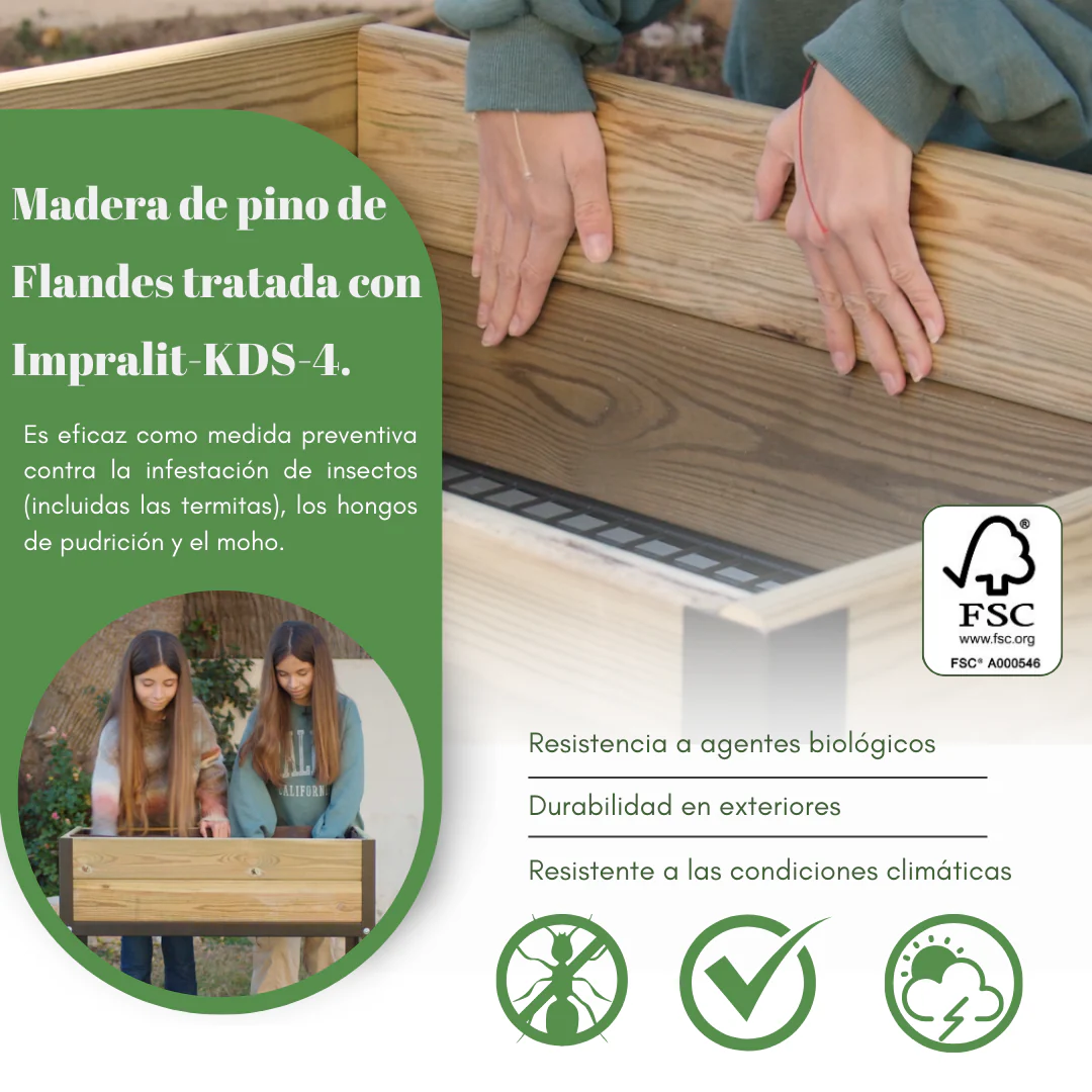 Mi Huerto Urban Jardinera Elevada Madera Con Bandeja Recoge Aguas | Estructura Metálica | Verde | 90x60x26cm - Image 3