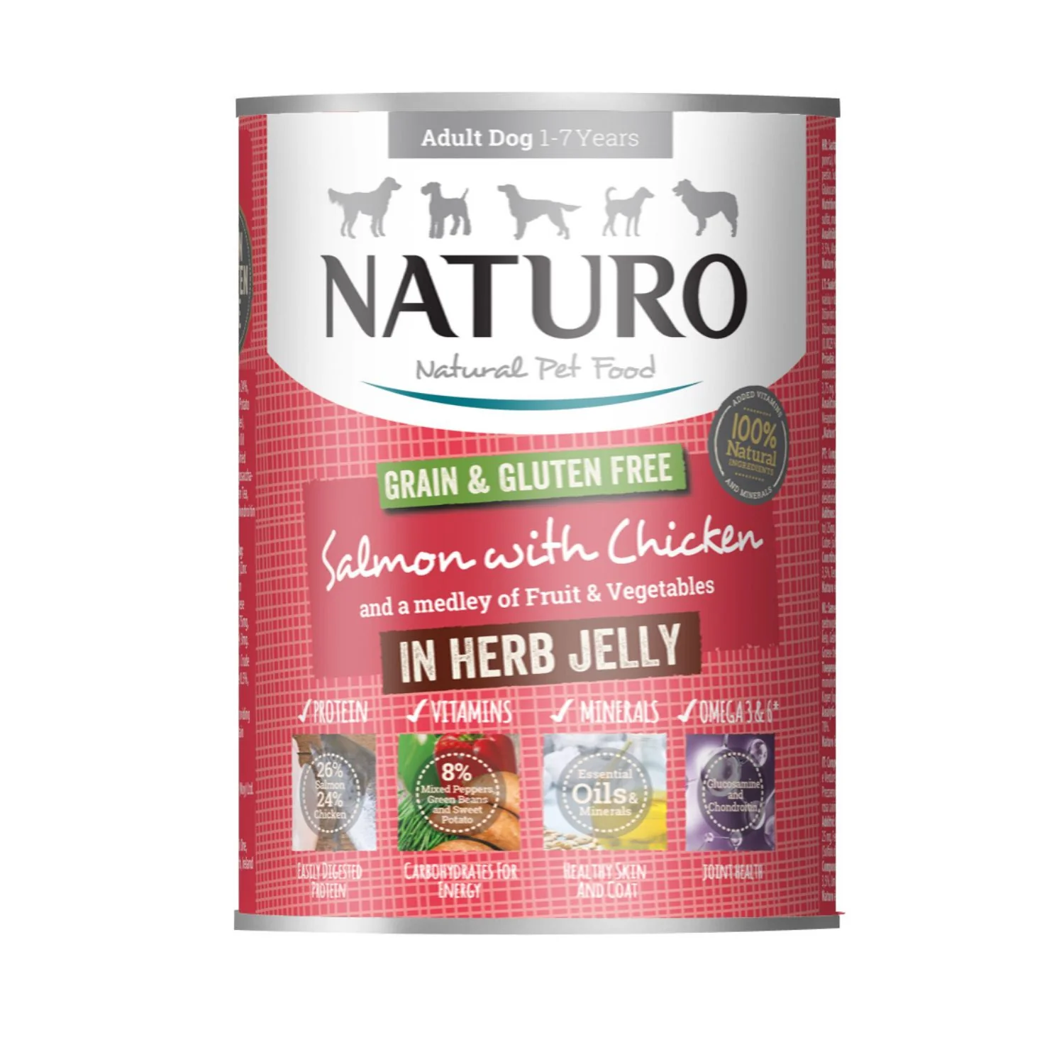 Naturo Comida Humeda Perro Sin Gluten De Salmon Y Pollo En Gelatina 390g X 12 Latas