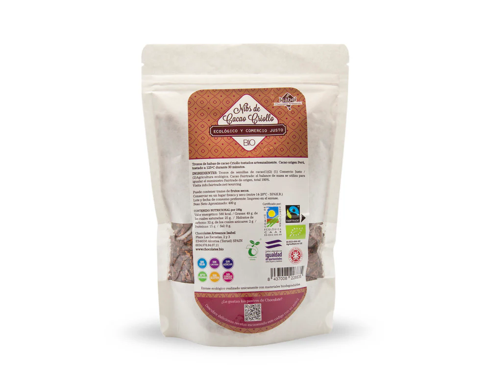 Nibs de cacao criollo, origen piura-perú. Bio y Fairtrade