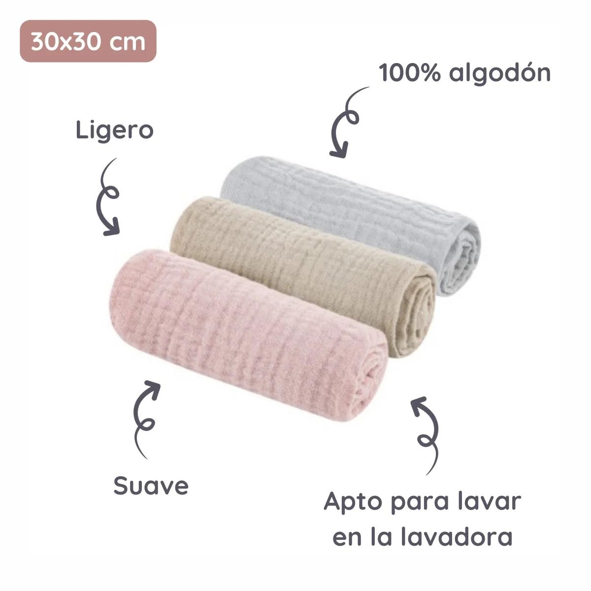 Pack 3 Muselinas De Algodón 30x30 Cm Grey-sand-rose - Image 3