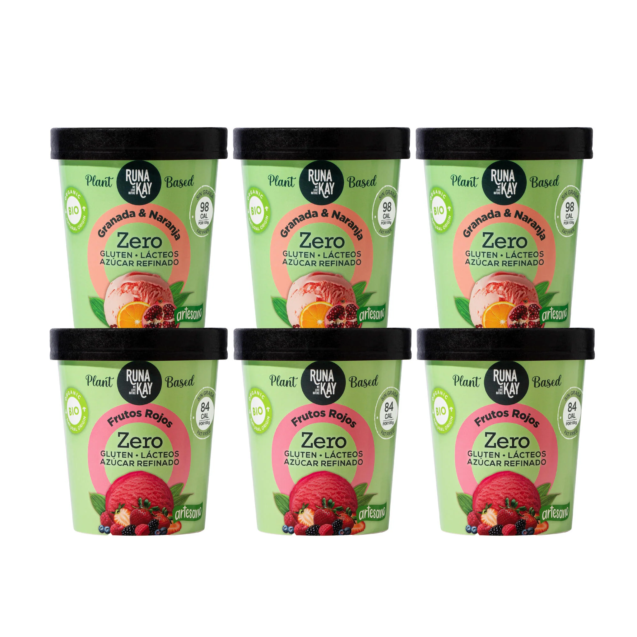 Pack Mix Helado Artesano Eco Sin Gluten Ni Azúcar Refinado De Granada & Naranja Frutos Rojos Runakay 6x460ml/400g