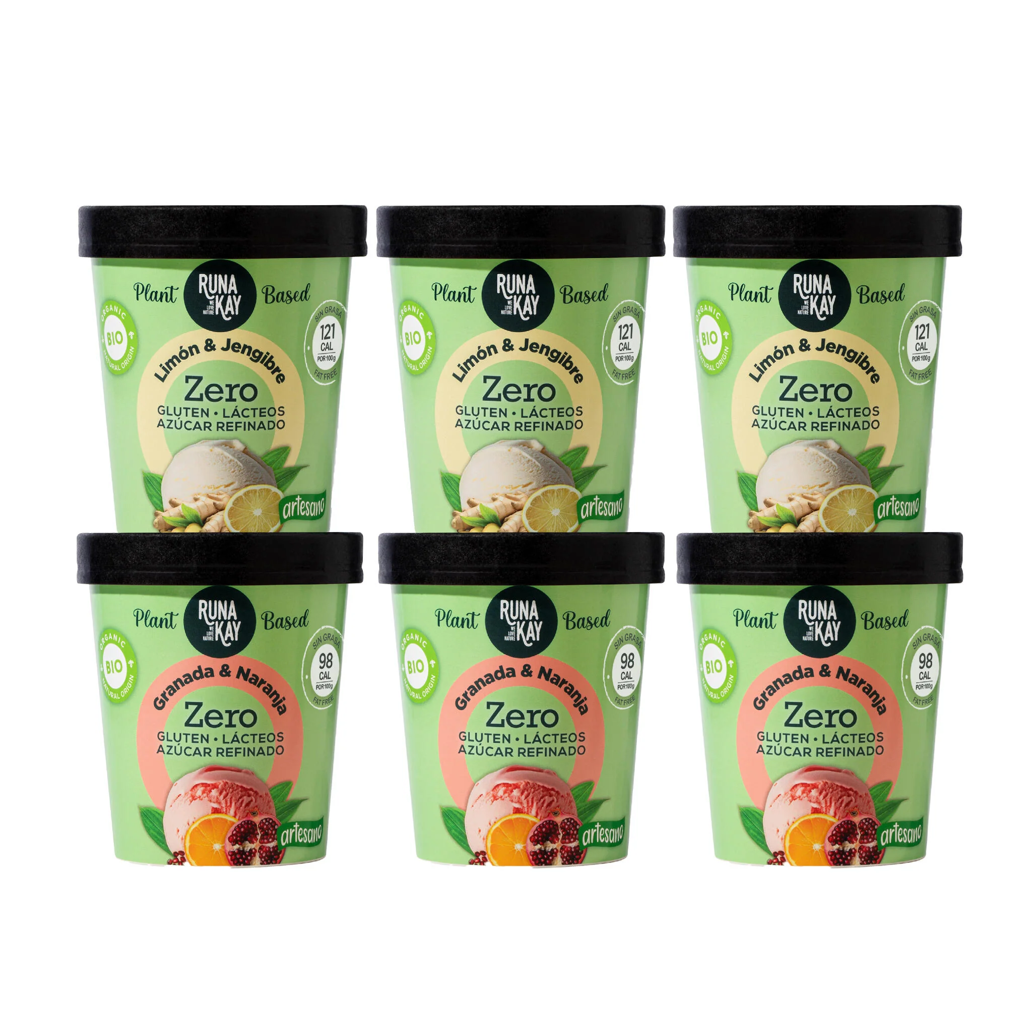 Pack Mix Helado Artesano Eco Sin Gluten Ni Azúcar Refinado Limón&Jengibre Granada&Naranja Runakay 6x460ml/400g