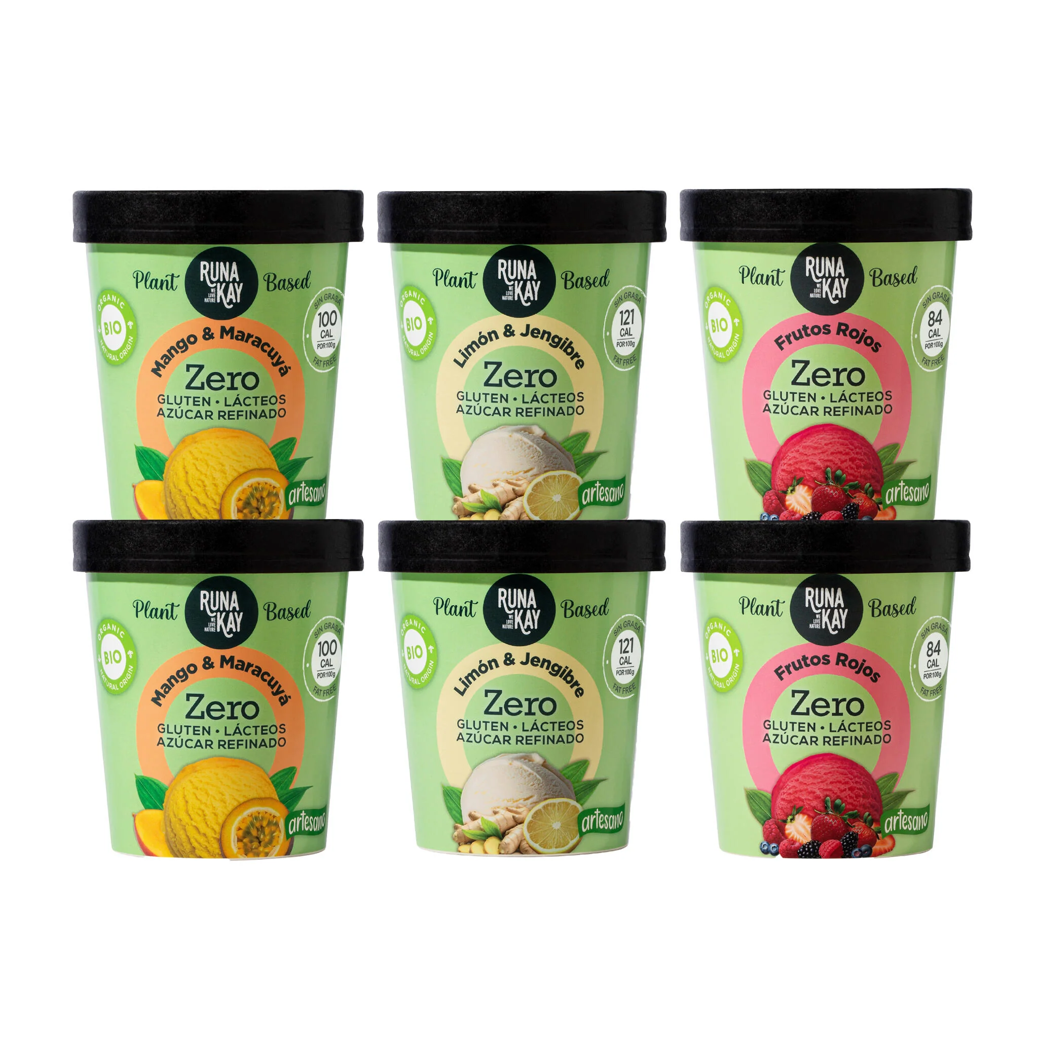 Pack Mix Helado Artesano Eco Sin Gluten Ni Azúcar Refinado Mango&maracuyá Limón&jengibre Frutos Rojos Runakay 6x460ml