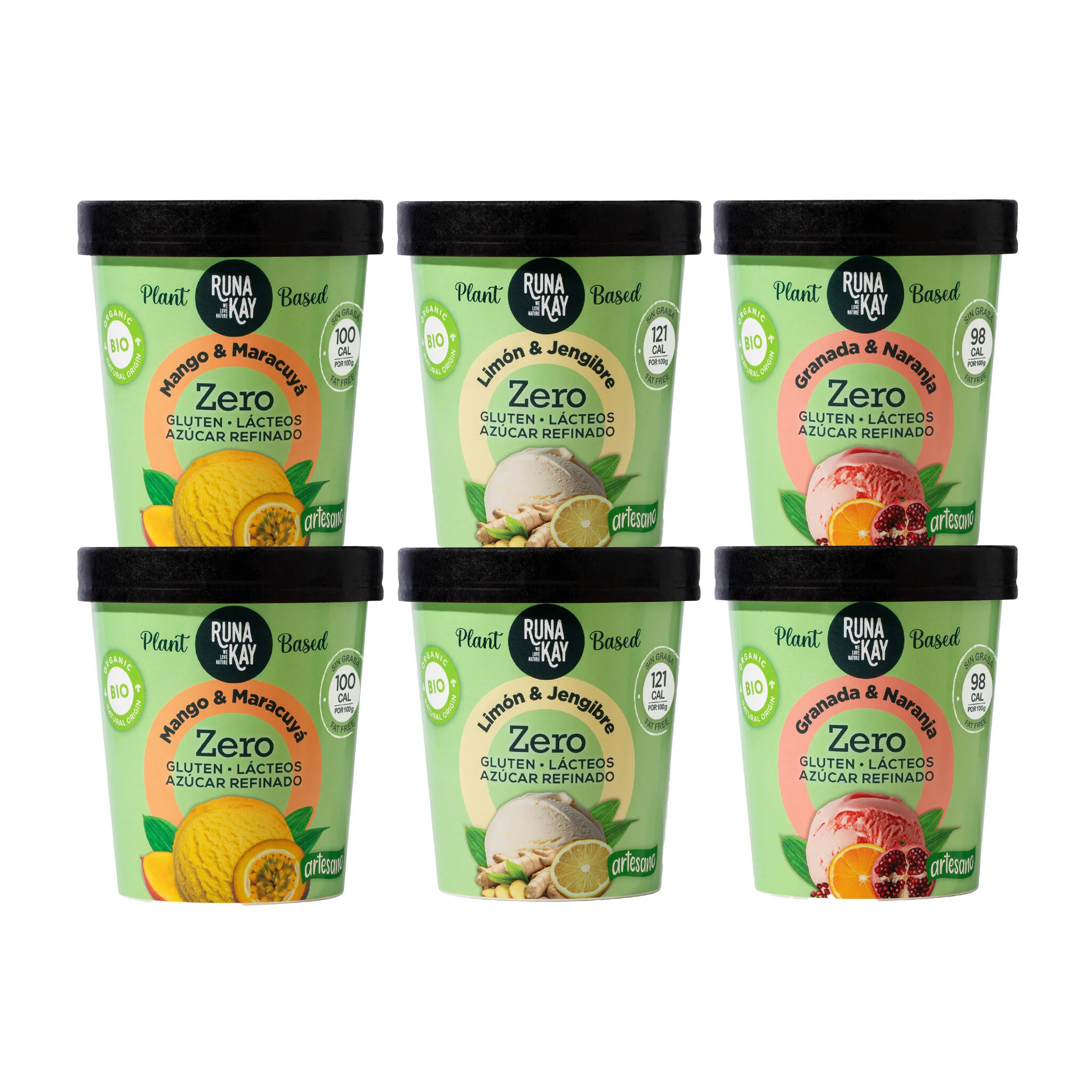 Pack Mix Helado Artesano Eco Sin Gluten Ni Azúcar Refinado Mango&maracuyá Limón&Jengibre Granada&Naranja Runakay 6x460ml