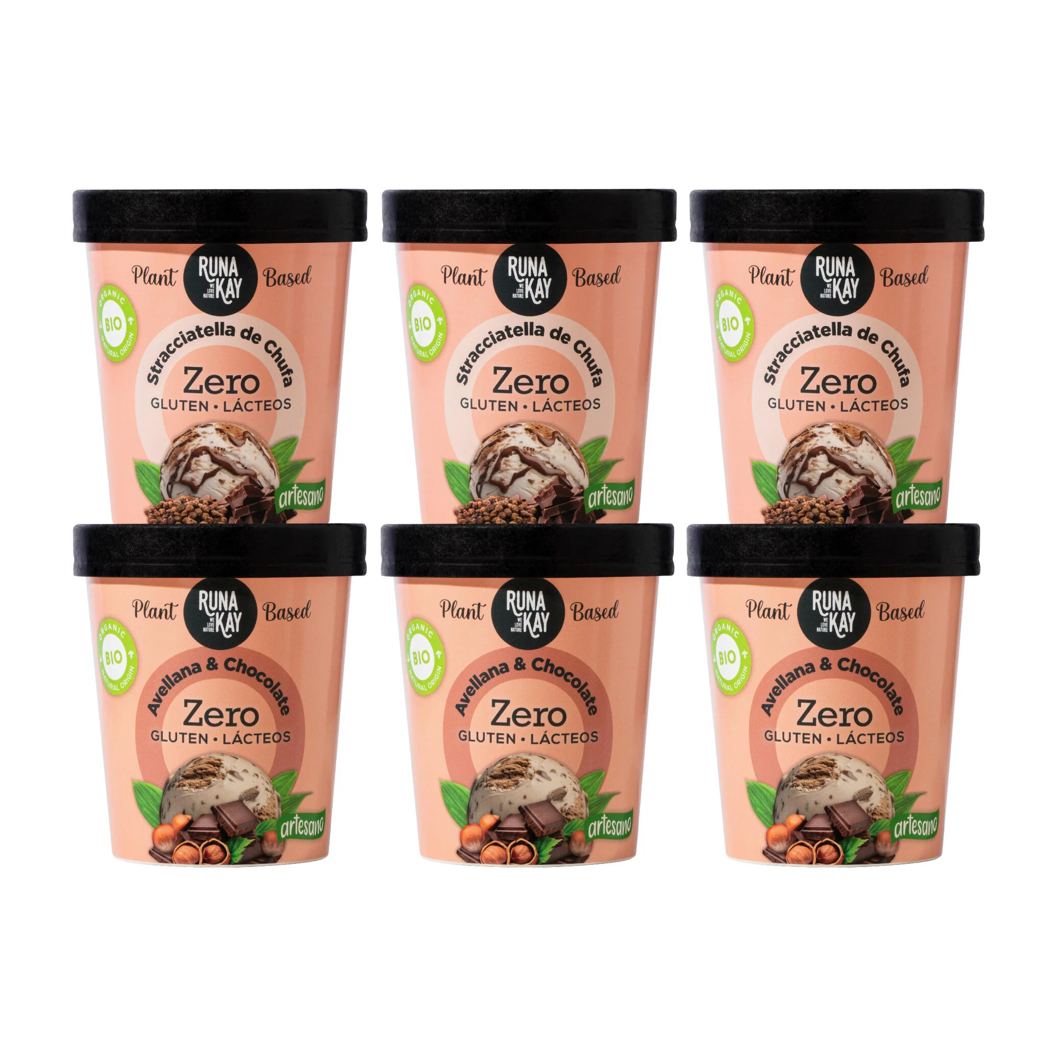 Pack Mix Helado Artesano Eco Sin Gluten Ni Lácteos Stracciatella Chufa&Choco Avellana&Choco Runakay 6x460ml/400g