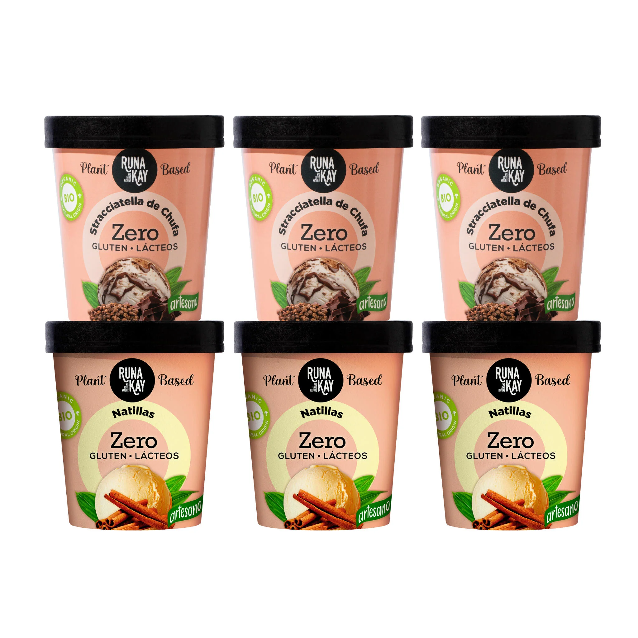 Pack Mix Helado Artesano Eco Sin Gluten Ni Lácteos Stracciatella de Chufa&Choco, Natillas Runakay 6x460ml/400g