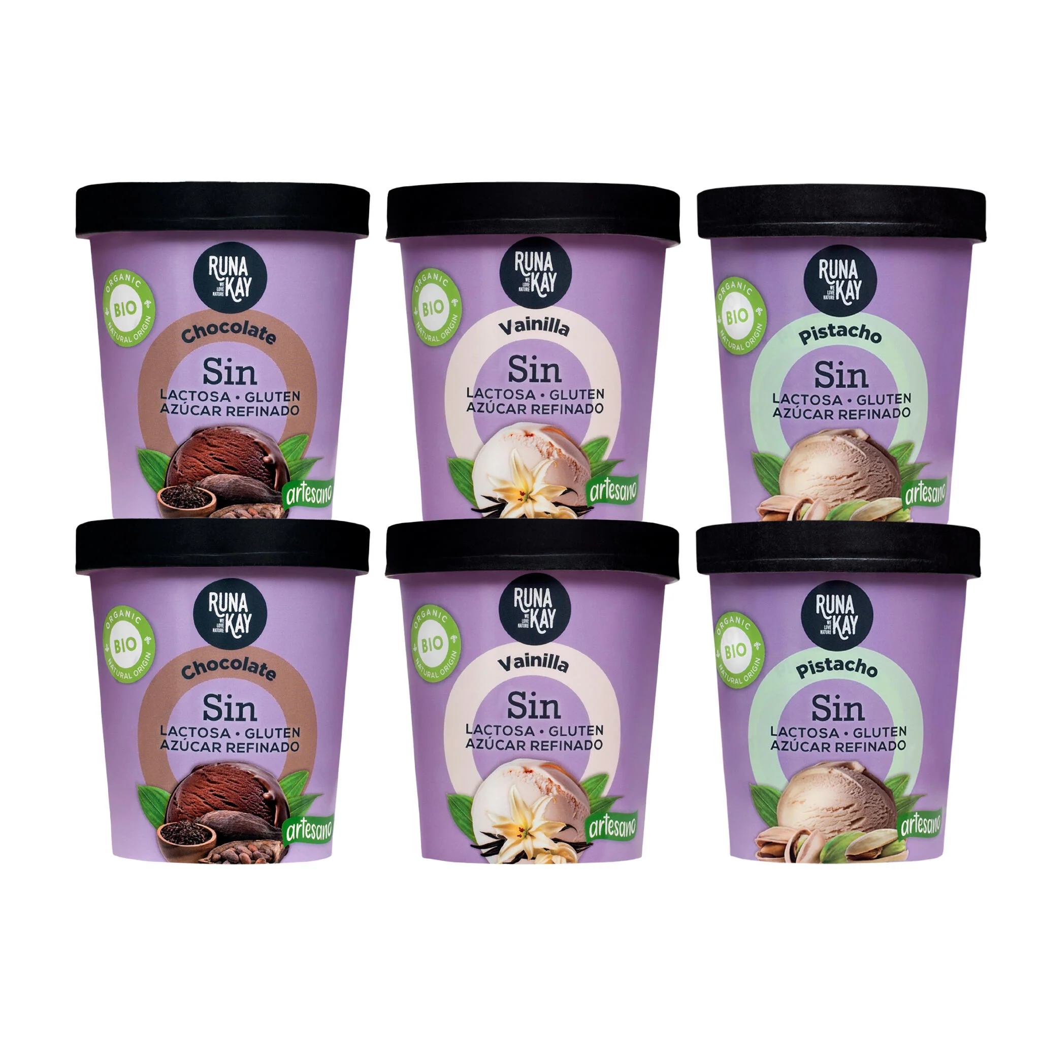 Pack Mix Helado Artesano Eco Sin Gluten Sin Lactosa Ni Azúcar Refinado Chocolate, Pistacho,Vainilla Runakay 6x460ml/400g