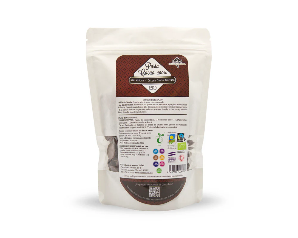 Pasta de cacao Bio, 100% cacao, 400g. Origen República Dominicana. Sin azúcar y siin edulcorantes