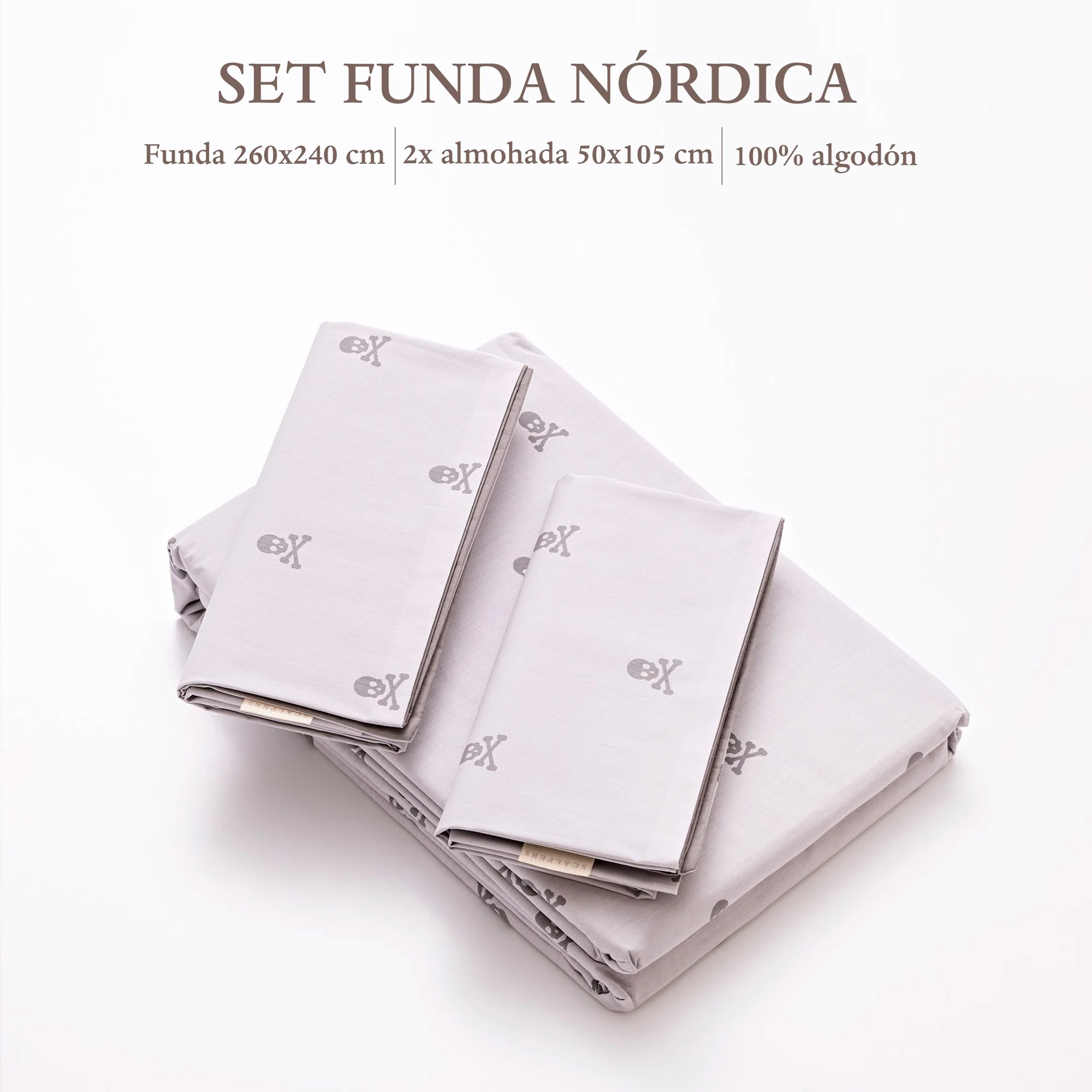 Set Cama (funda Nórdica 260x240cm + 2 Fundas Almohada 50x105cm) 100% Algodón Gris Oscuro & Gris Claro Calaveras Scalpers Home - Image 2