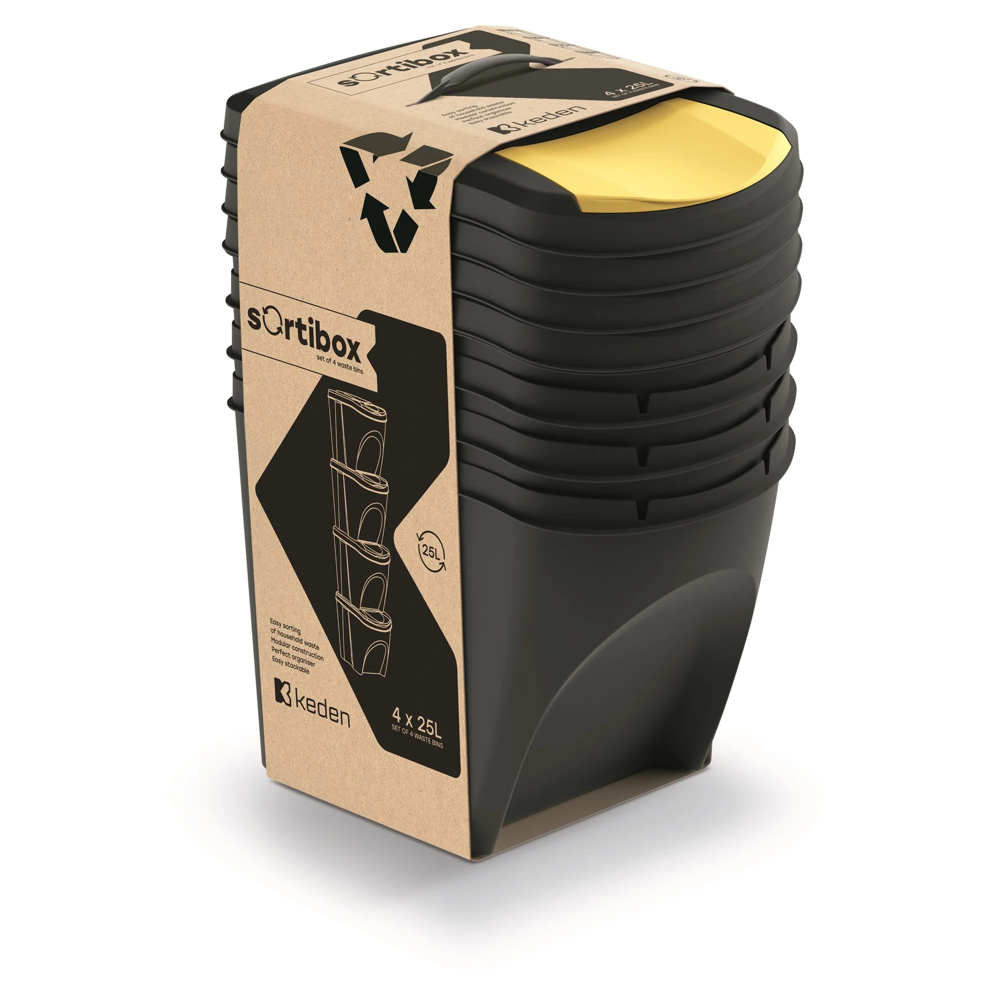 Set De 4 Cubos De Basura Keden Sortibox 100% Plástico Reciclado Negro, Volumen 4x25l - Image 2
