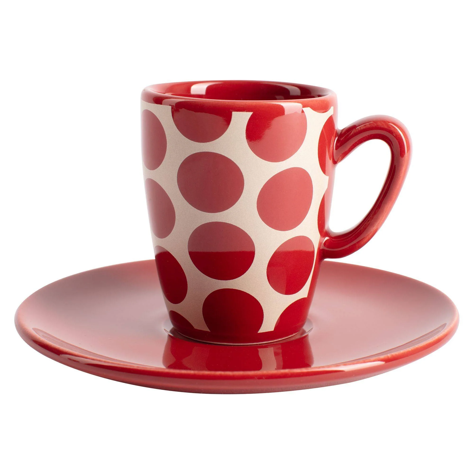 Set De 4pc Café (2 Tazas De 75ml + 2 Platos De Color Solido) Stoneware De Topos Rojos - Image 2