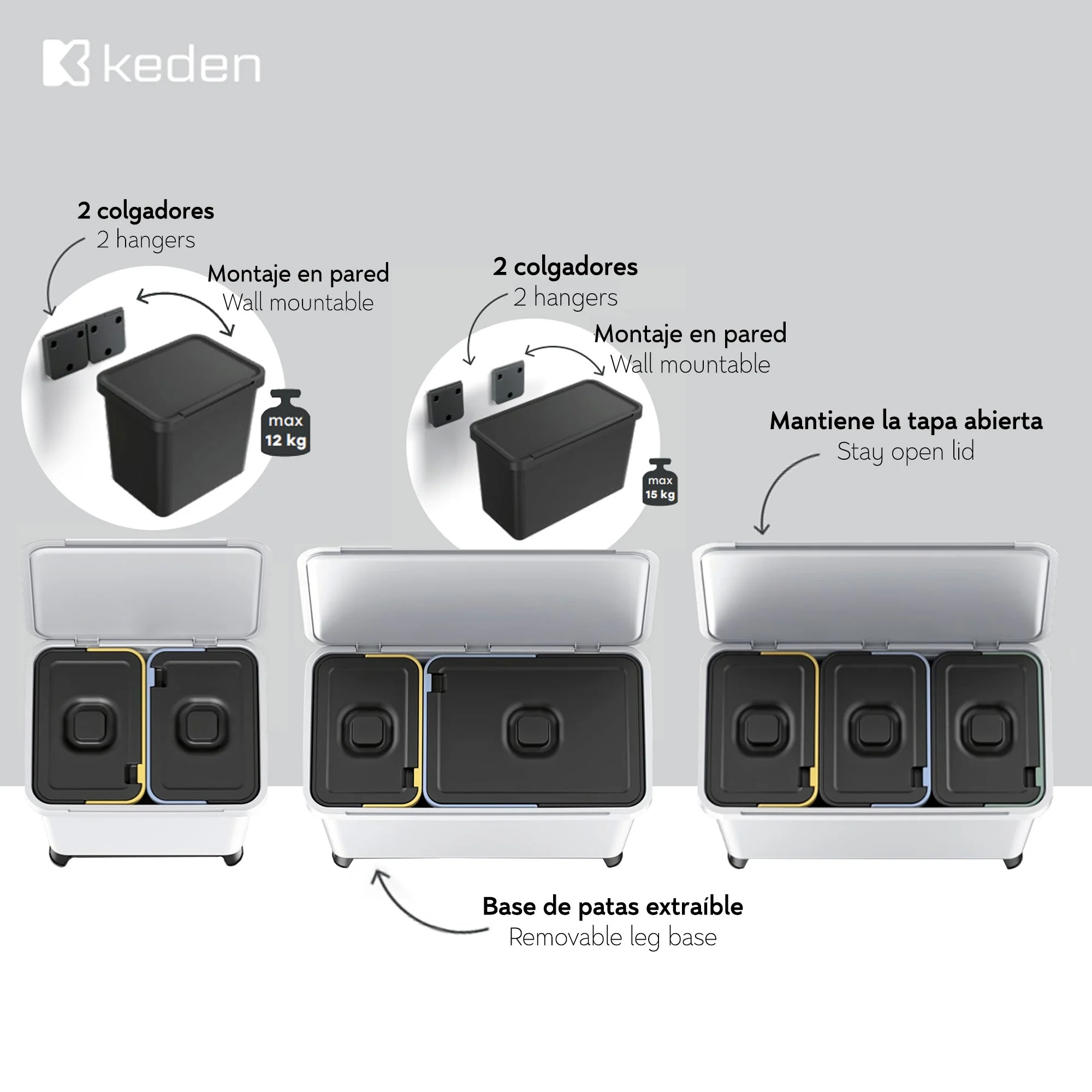 Sistema Clasificador De Reciclaje 3x10l Color Gris Keden - Image 3