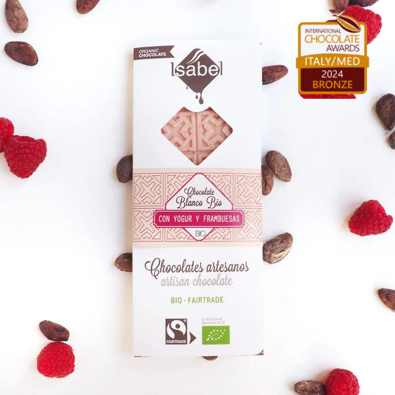 Tableta Bio chocolate blanco con yogur y frambuesas.
