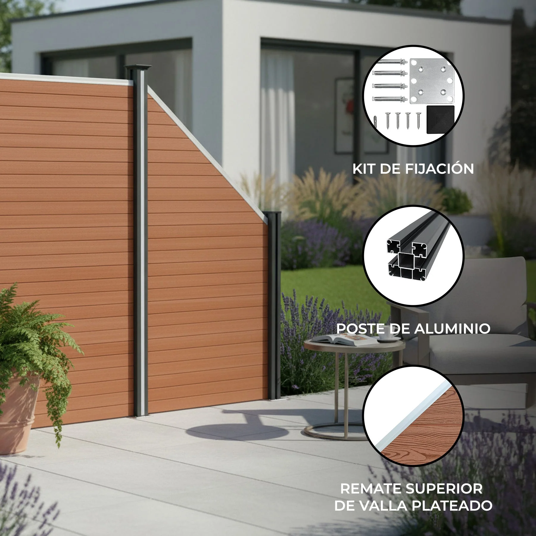 Vallas Para Exteriores De Wpc Y Aluminio - 1x Panel Oblicuo + 1x Poste | Marrón - Image 2