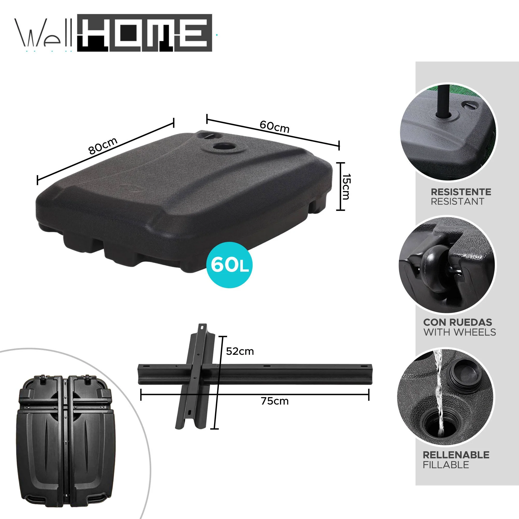 Well Home - Base De Sombrilla Resistente Con Cruz Metálica Negra 60l - Image 2