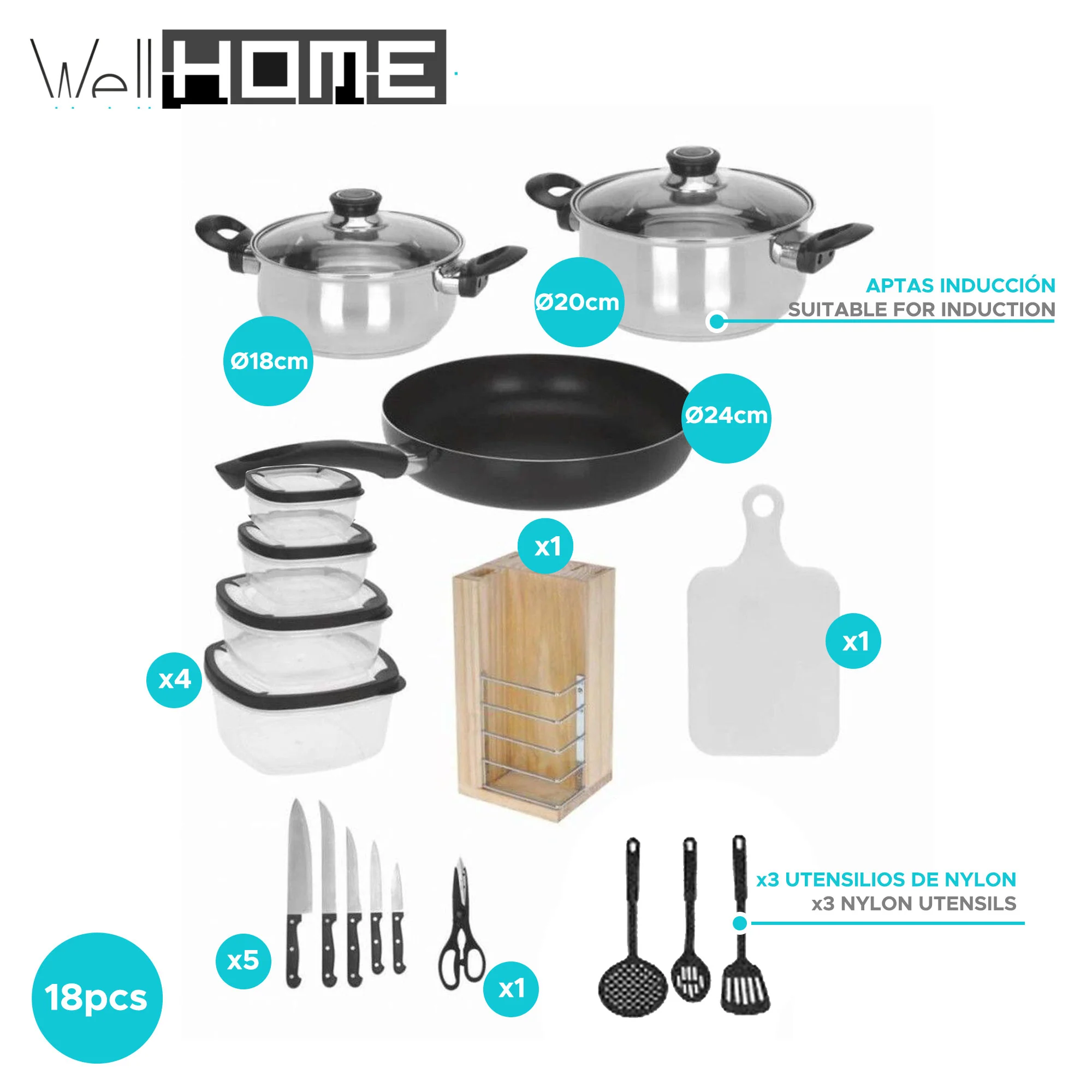 Well Home Batería De Cocina De 18pc (1x Sarten + 2 Cacerolas + 1 Tabla De Cortar + 1 Tijeras + 3 Utensilios De Nylon + 4 Tuppers + 1 Bloque De Madera - Image 2