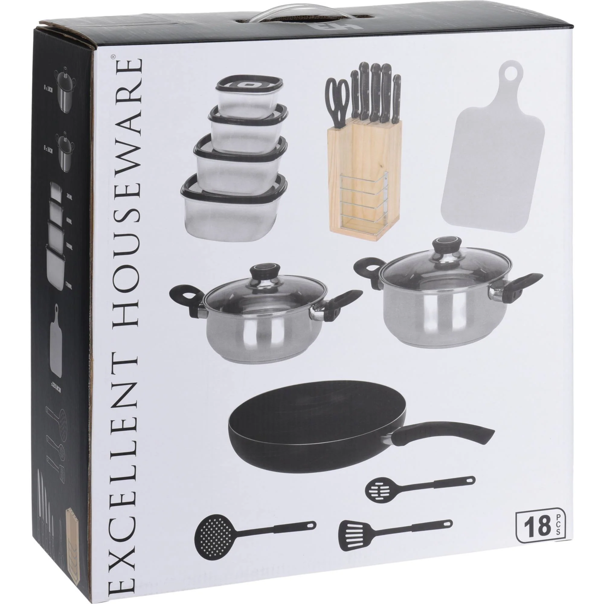 Well Home Batería De Cocina De 18pc (1x Sarten + 2 Cacerolas + 1 Tabla De Cortar + 1 Tijeras + 3 Utensilios De Nylon + 4 Tuppers + 1 Bloque De Madera - Image 3