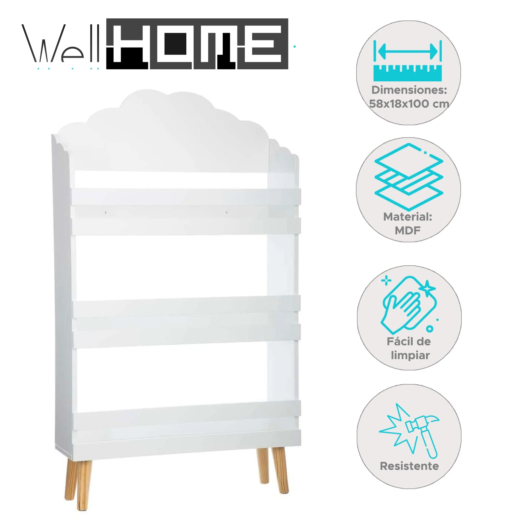 Well Home - Biblioteca De Madera Con 3 Estantes En Color Blanco Y Diseño De Nube H.100cm - Image 2