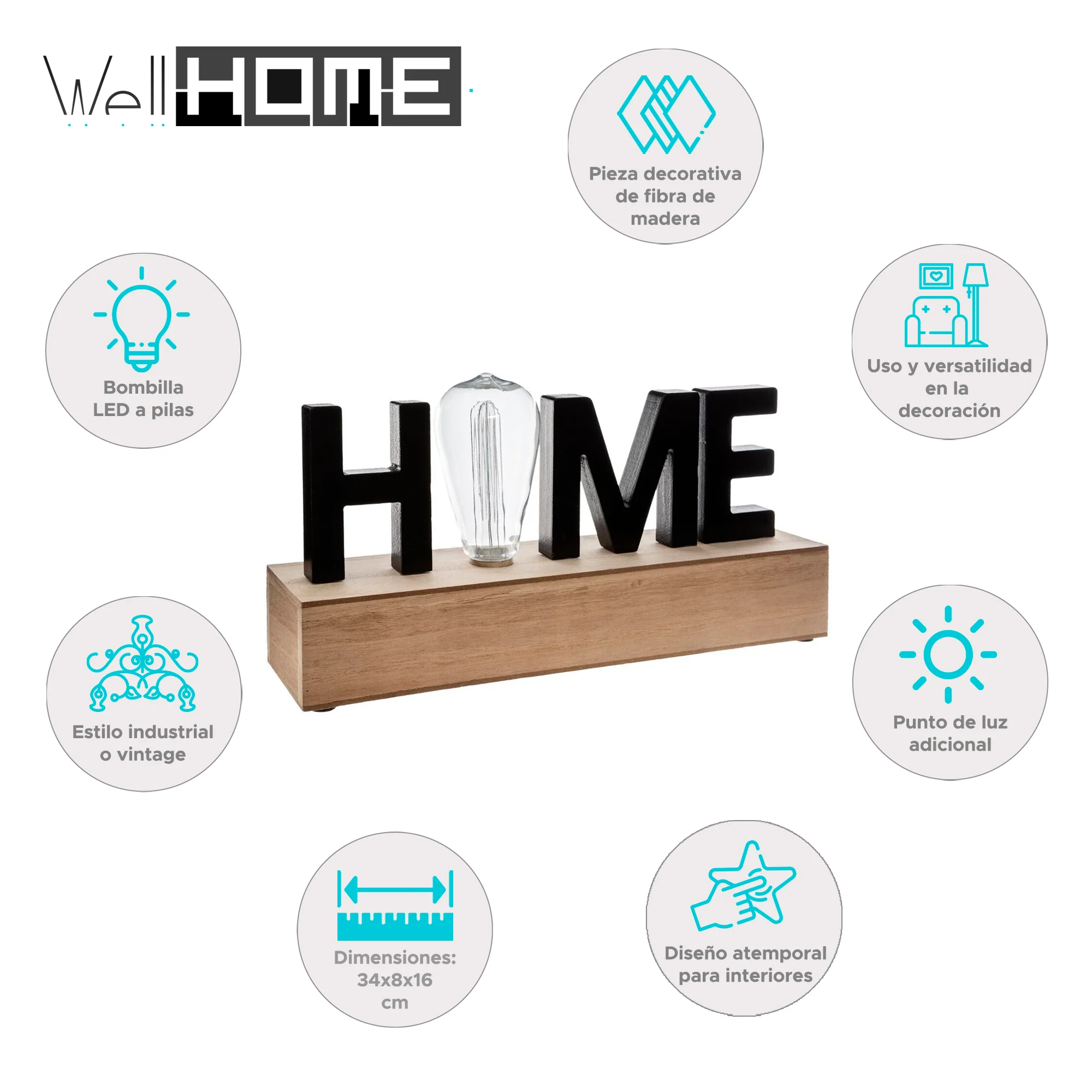 Well Home - Decoración De Palabras Led Iluminación 34x8x16cm - Image 2