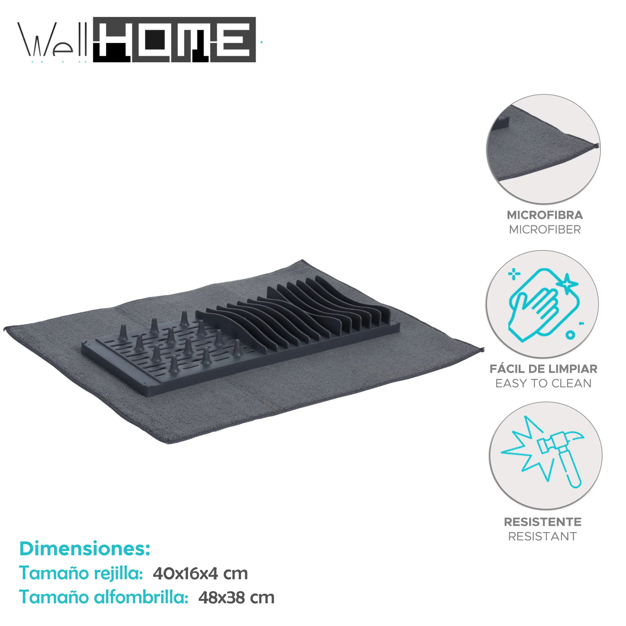 Well Home Escurreplatos Con Alfombrilla De Secado De Microfibra Color Gris - Image 2